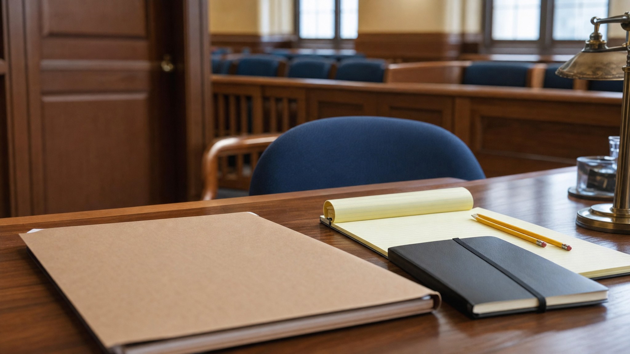 Closed case folder, legal pad, and pen arranged on a courthouse counsel table