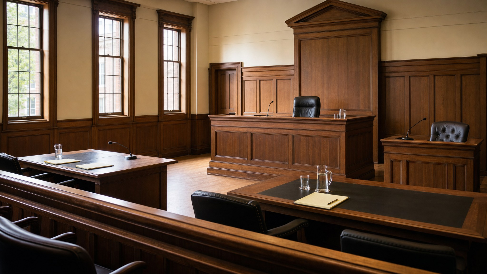 Empty Massachusetts courtroom with a judge's bench, counsel tables, and public gallery