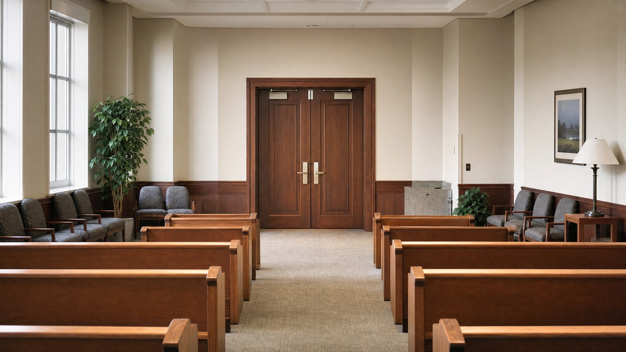 Orderly rows of wooden benches in an empty courthouse public gallery