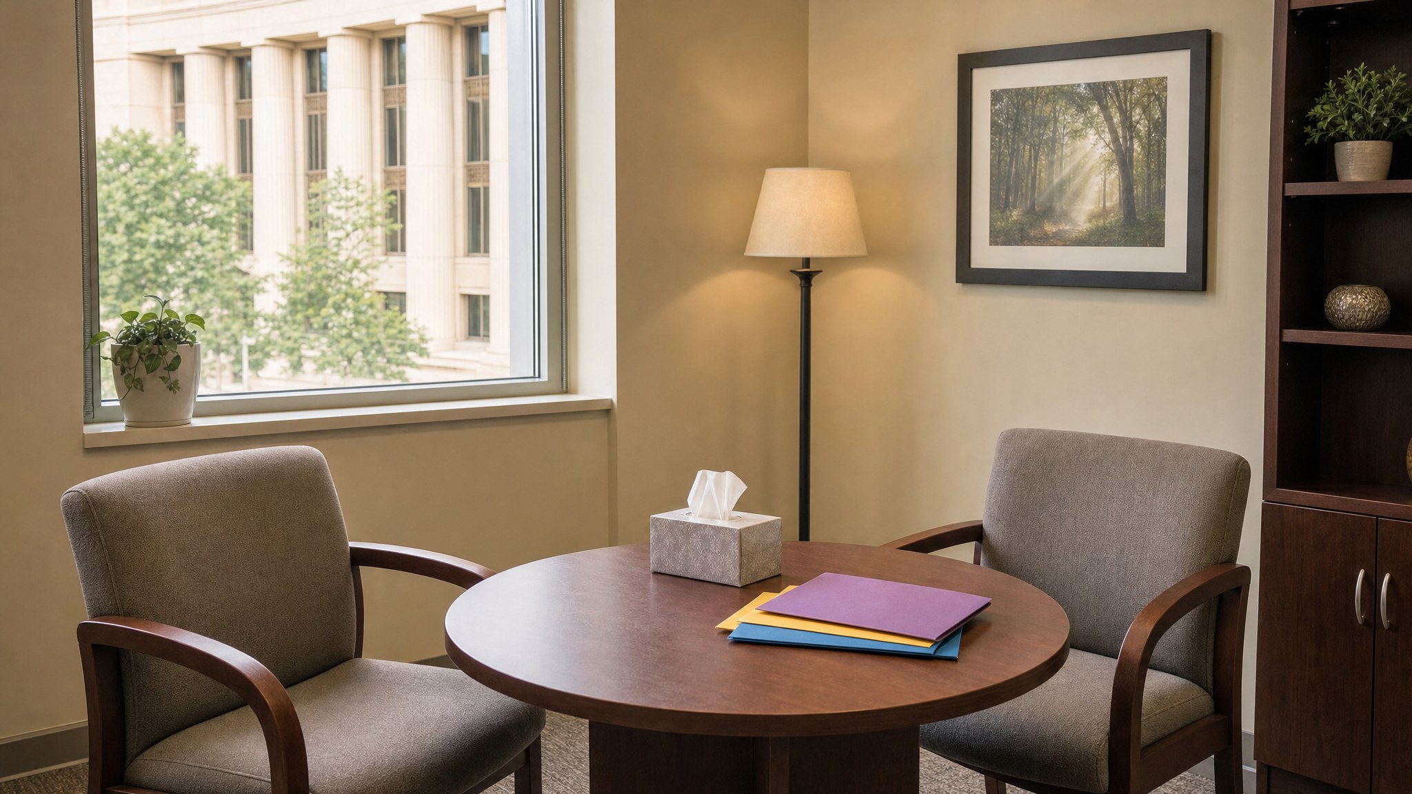 Private courthouse support room with two chairs, a side table, and organized resource folders