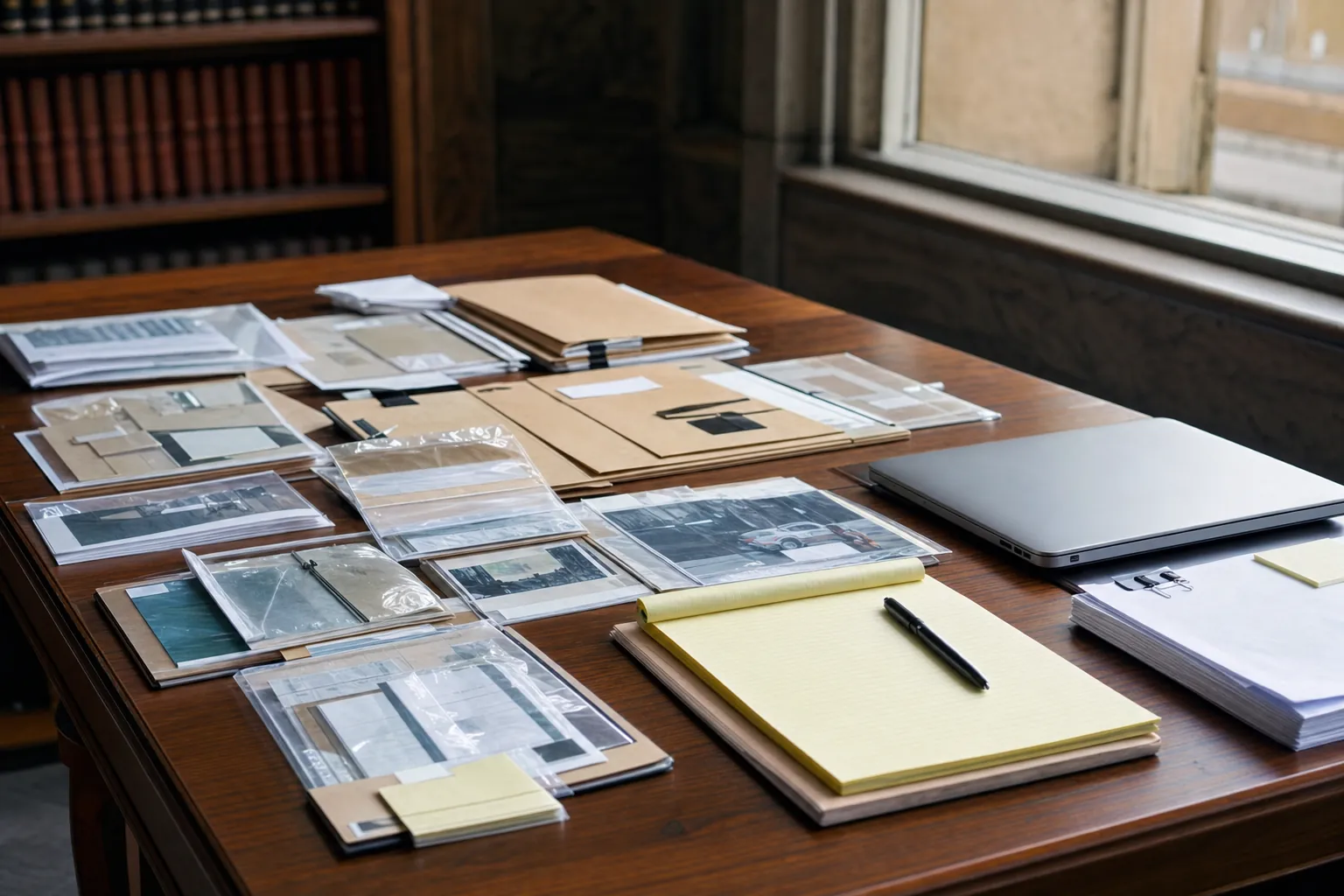 Legal folders, evidence materials, and a notebook prepared on a courthouse worktable