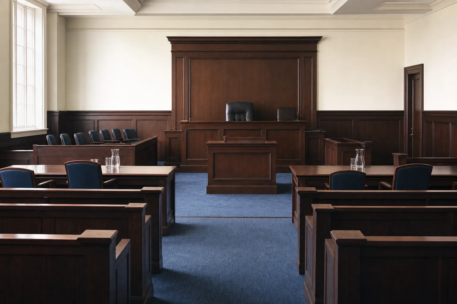 Empty courtroom with judge's bench, counsel tables, and jury box prepared for a formal hearing