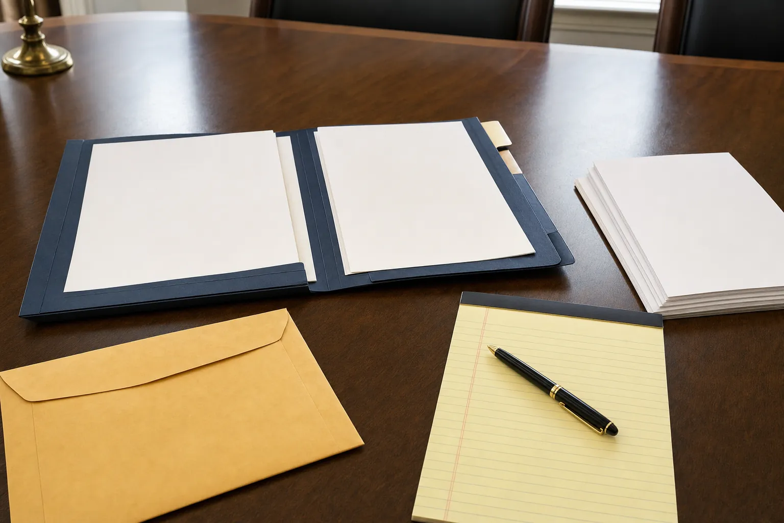 Case folder, blank legal pad, envelope, and pen prepared for sentencing hearing review