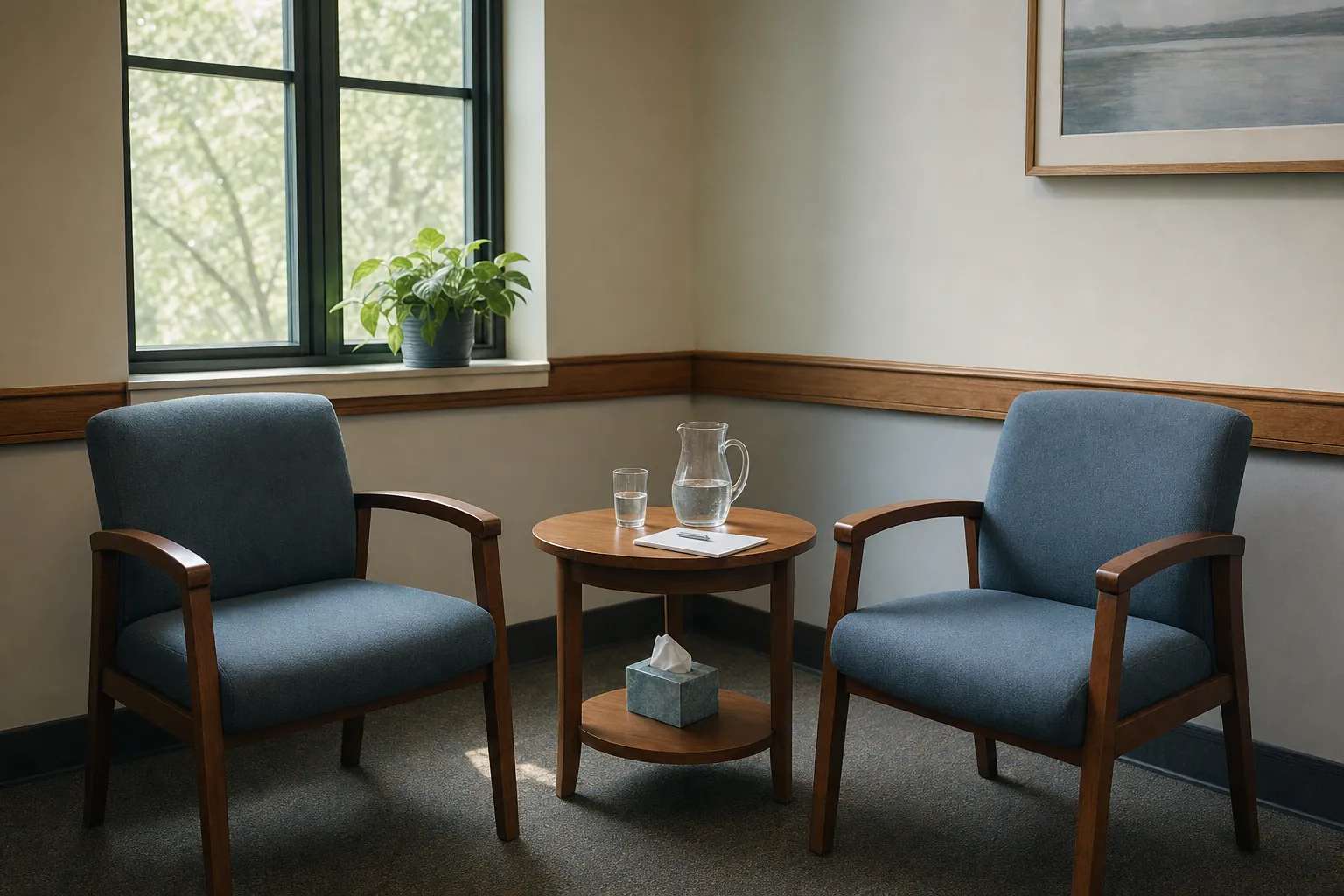 Quiet support room with two blue chairs, a small table, water, and a blank notepad