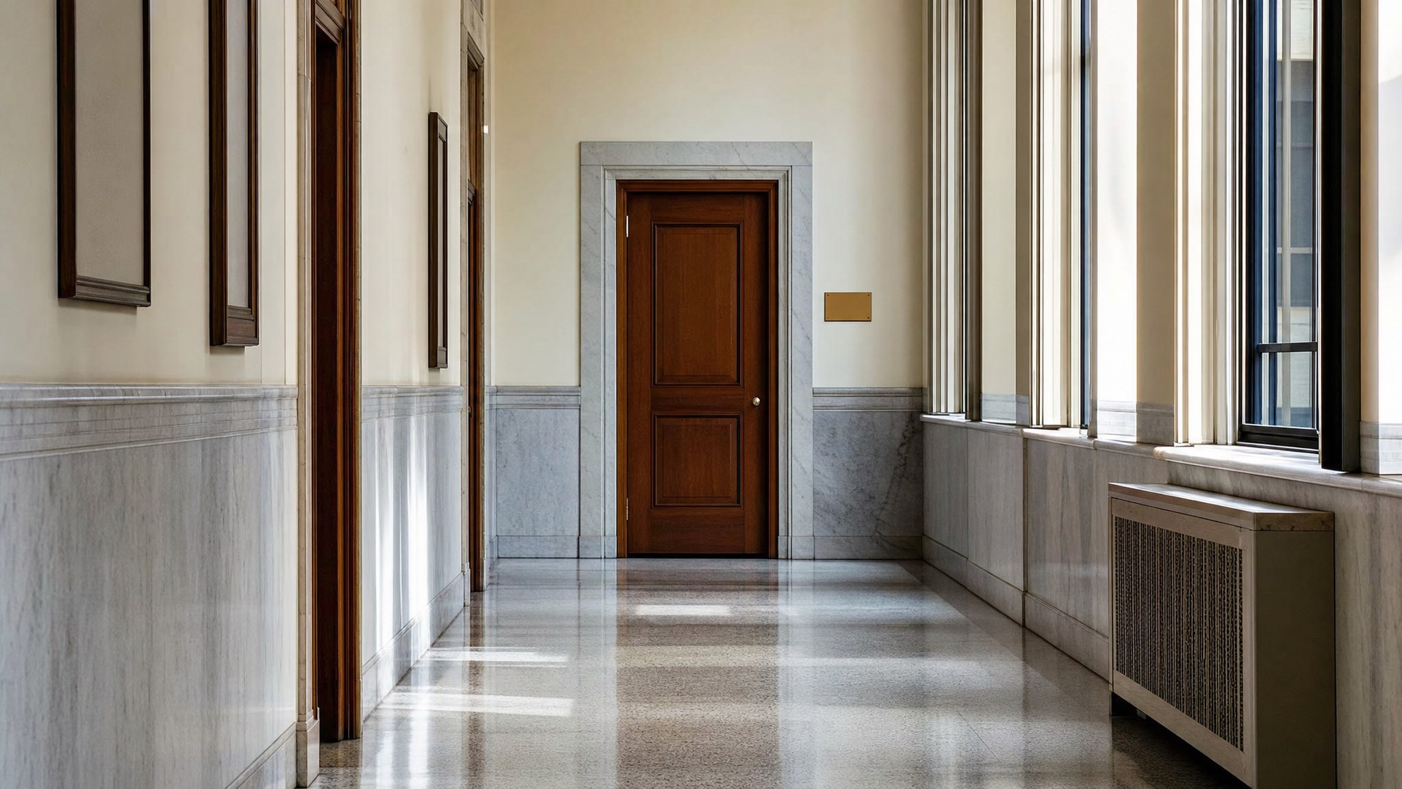 Quiet Massachusetts courthouse hallway with wood paneling and a courtroom entrance