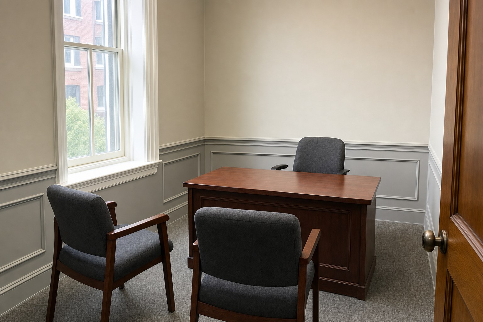 Small Massachusetts courthouse hearing room with counsel tables and a clerk's desk