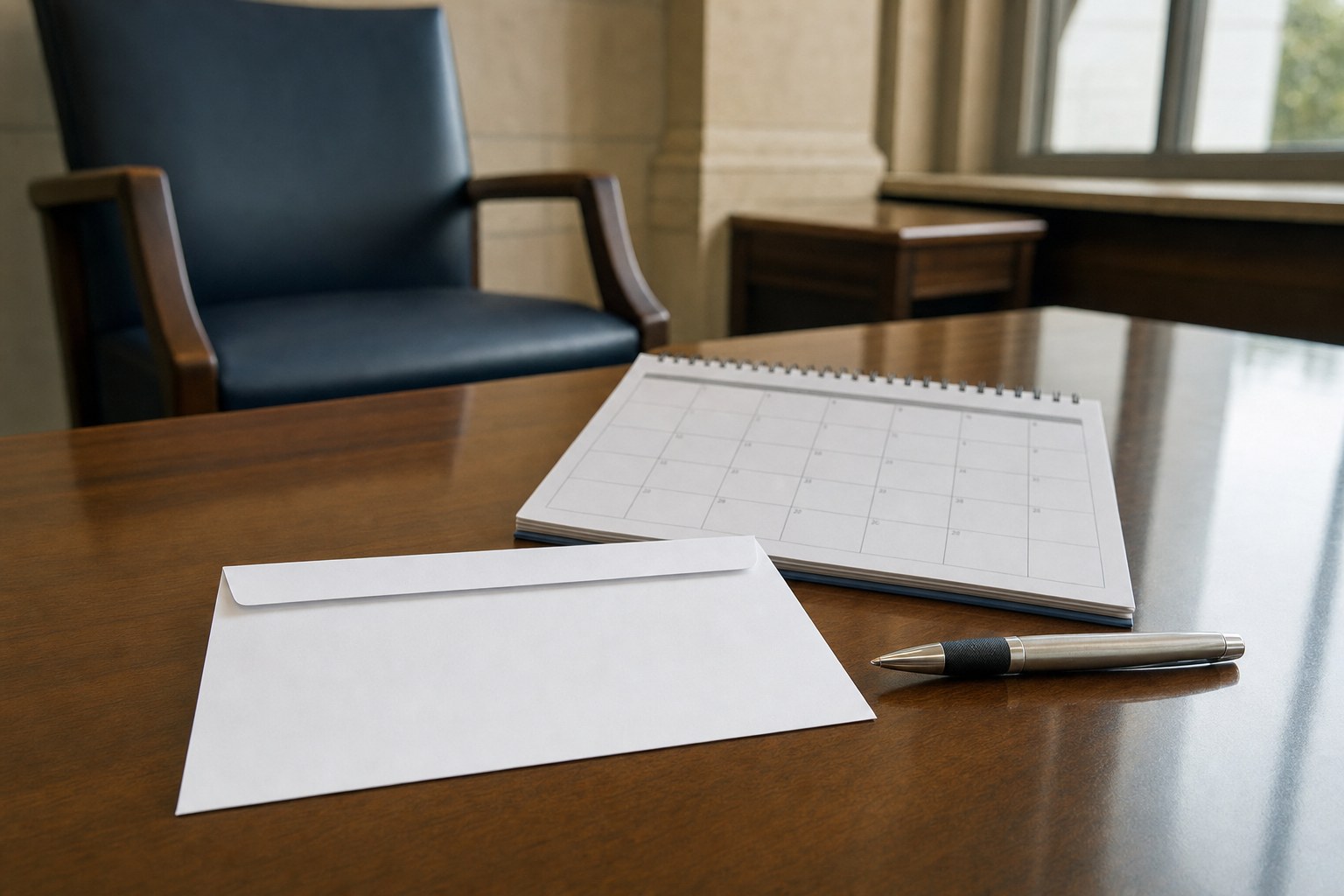 Court notice envelope, calendar, and pen on a desk
