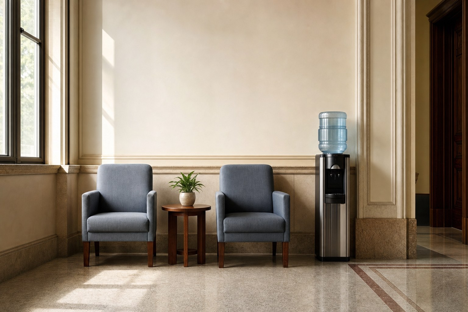 Private courthouse support space with two chairs and an information table