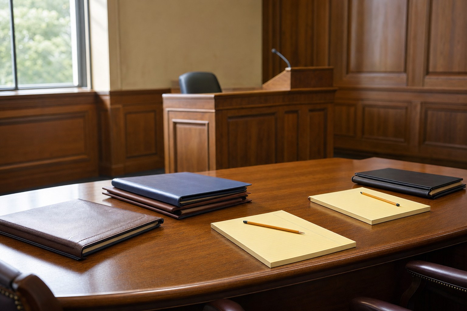 Prepared courtroom counsel table with closed case folders, legal pads, and pencils
