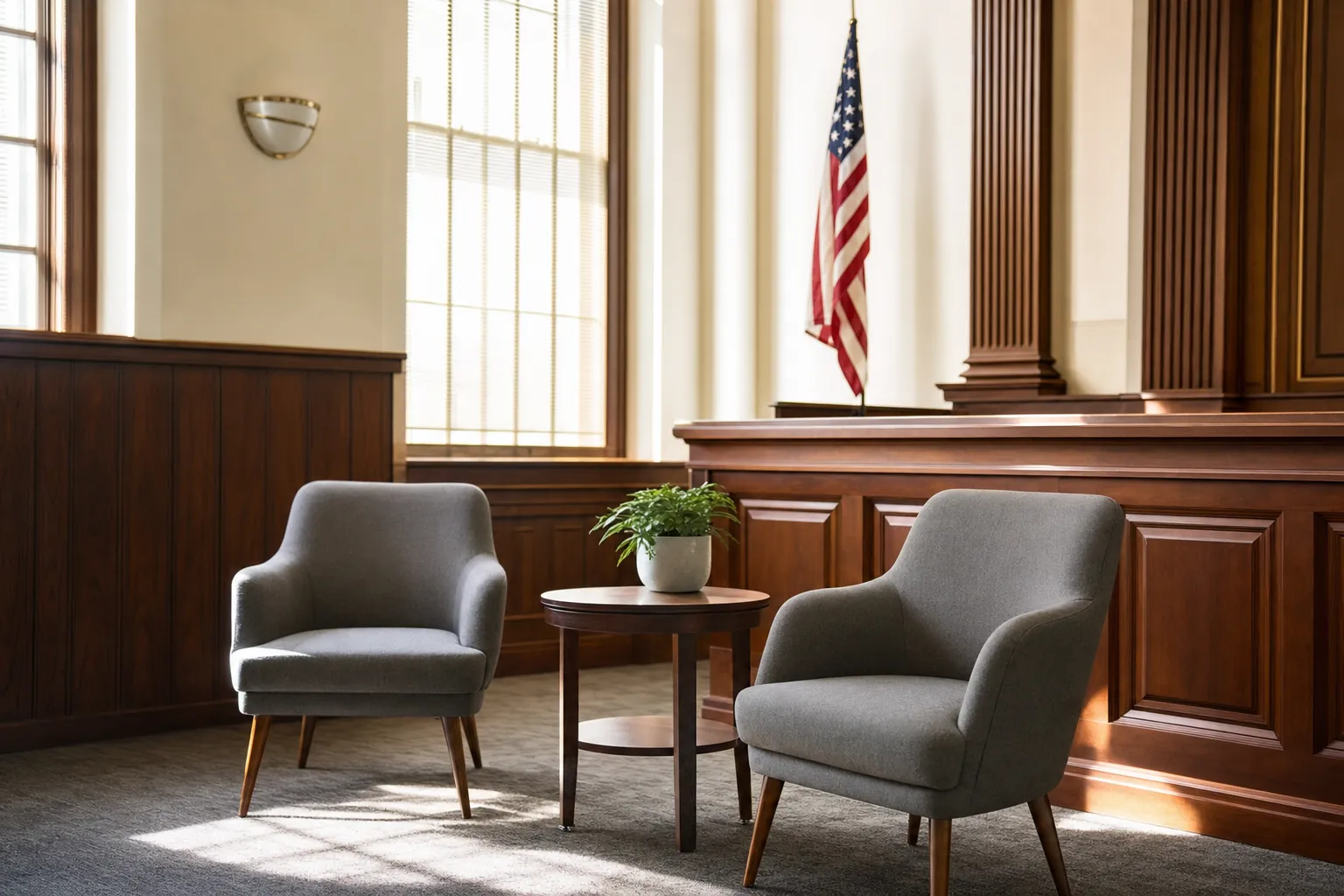 Two chairs in a quiet courthouse meeting space for public-service conversations