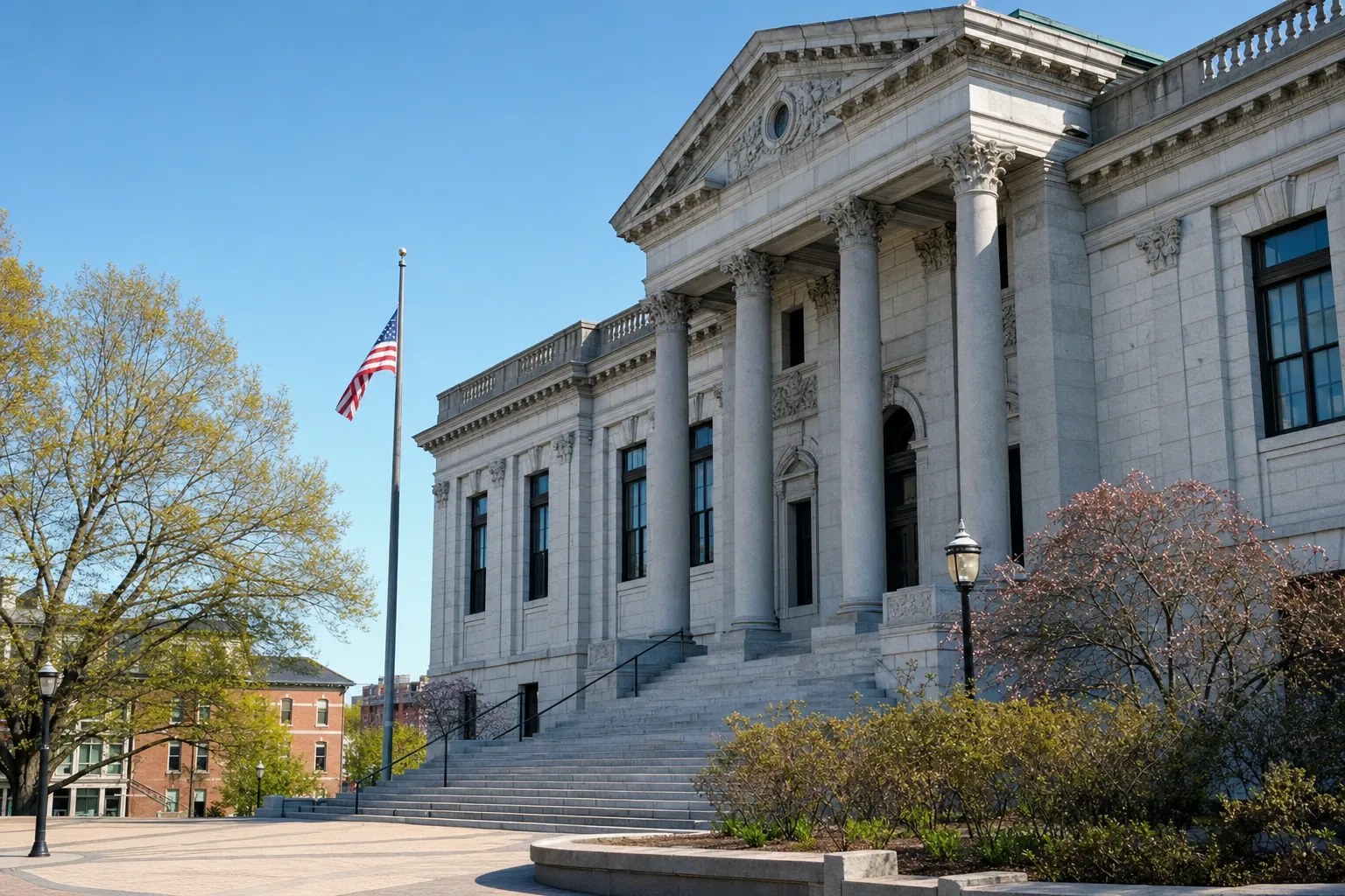 Massachusetts courthouse exterior with an American flag