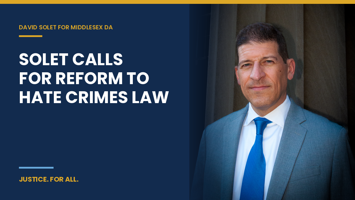 David Solet in a blue suit beside the message Solet Calls for Reform to Hate Crimes Law