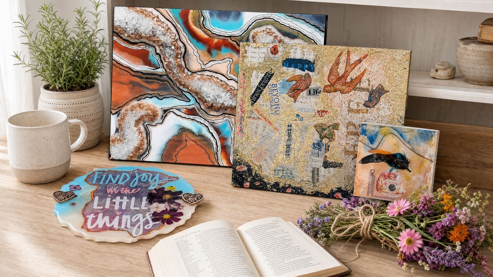 A joyful collection of Donna's handmade art, resin décor, and flowers