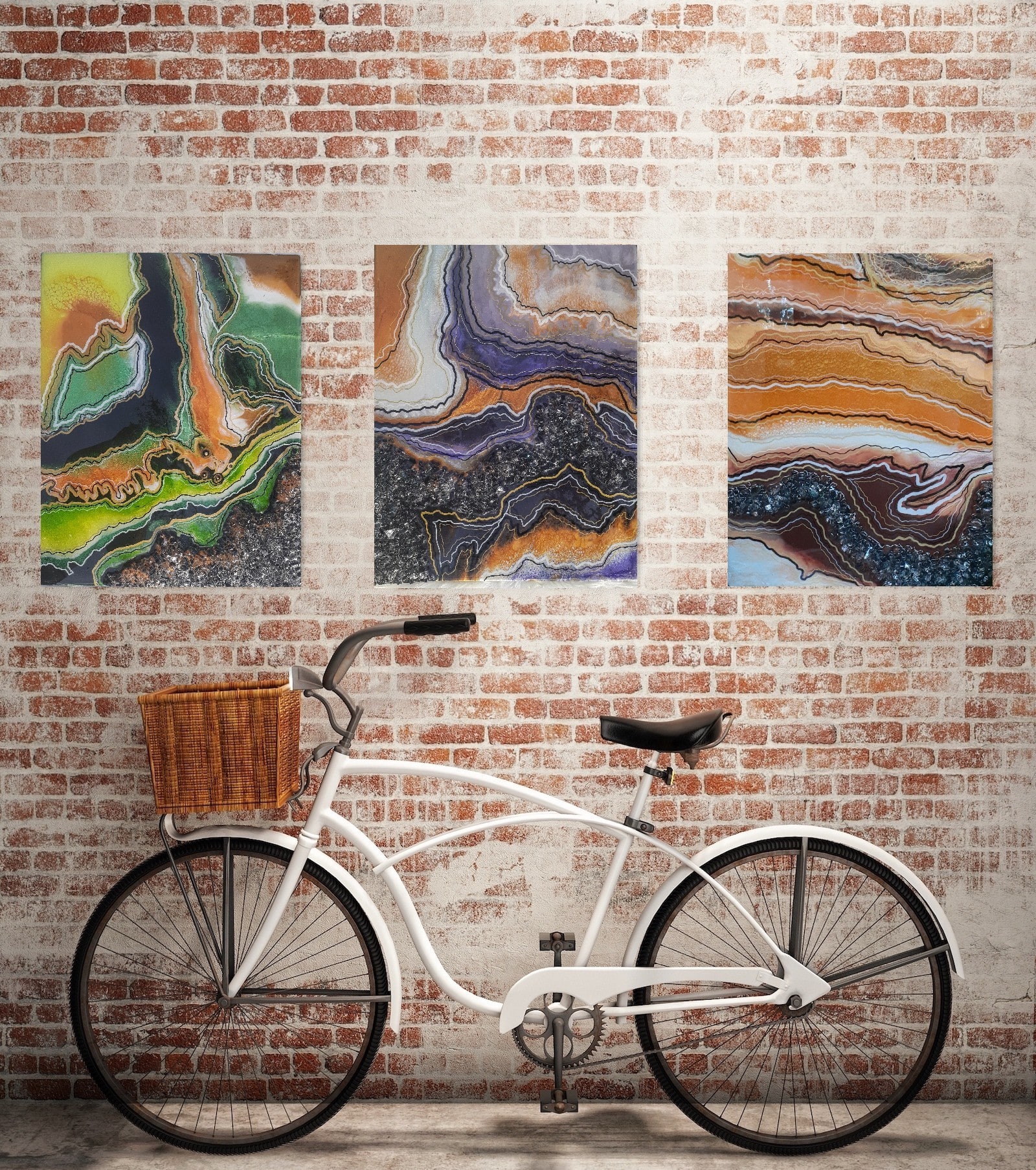Three Divine Layers geode artworks in a bicycle room setting