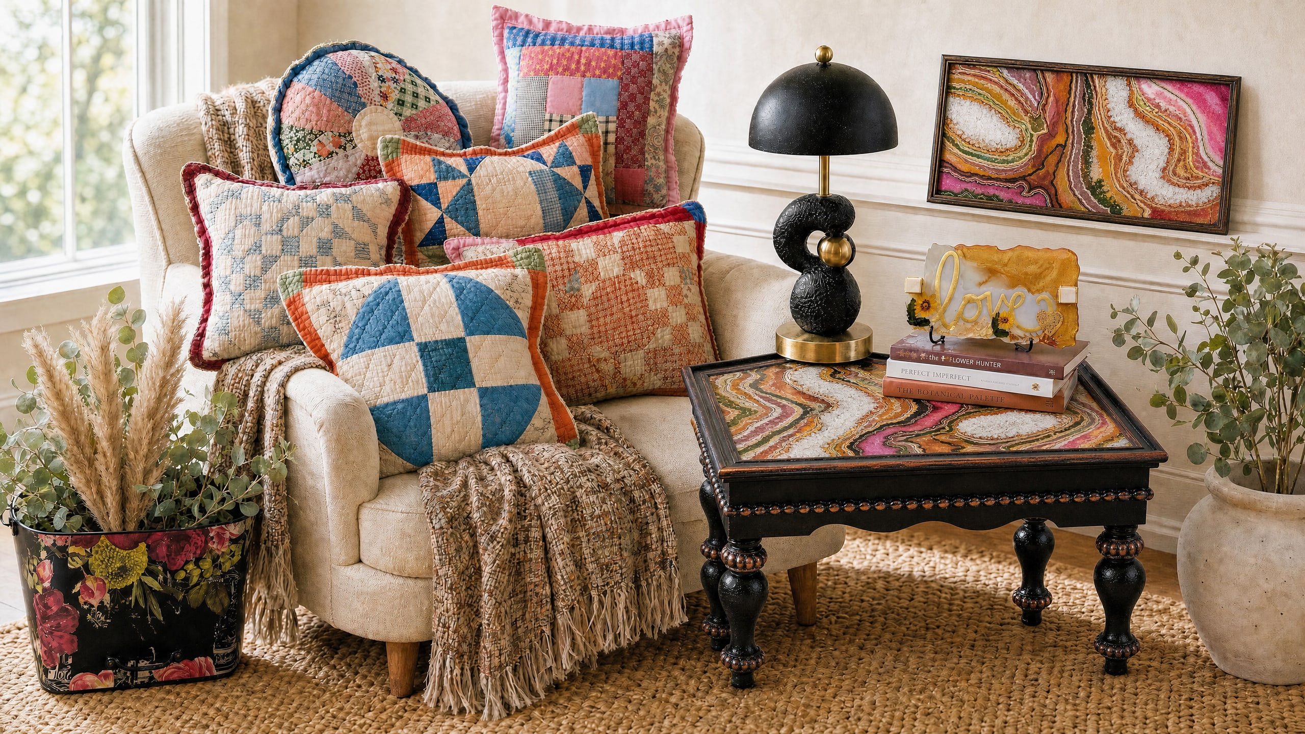 Vintage quilt pillows, a hand-painted table, and colorful art in a cozy room