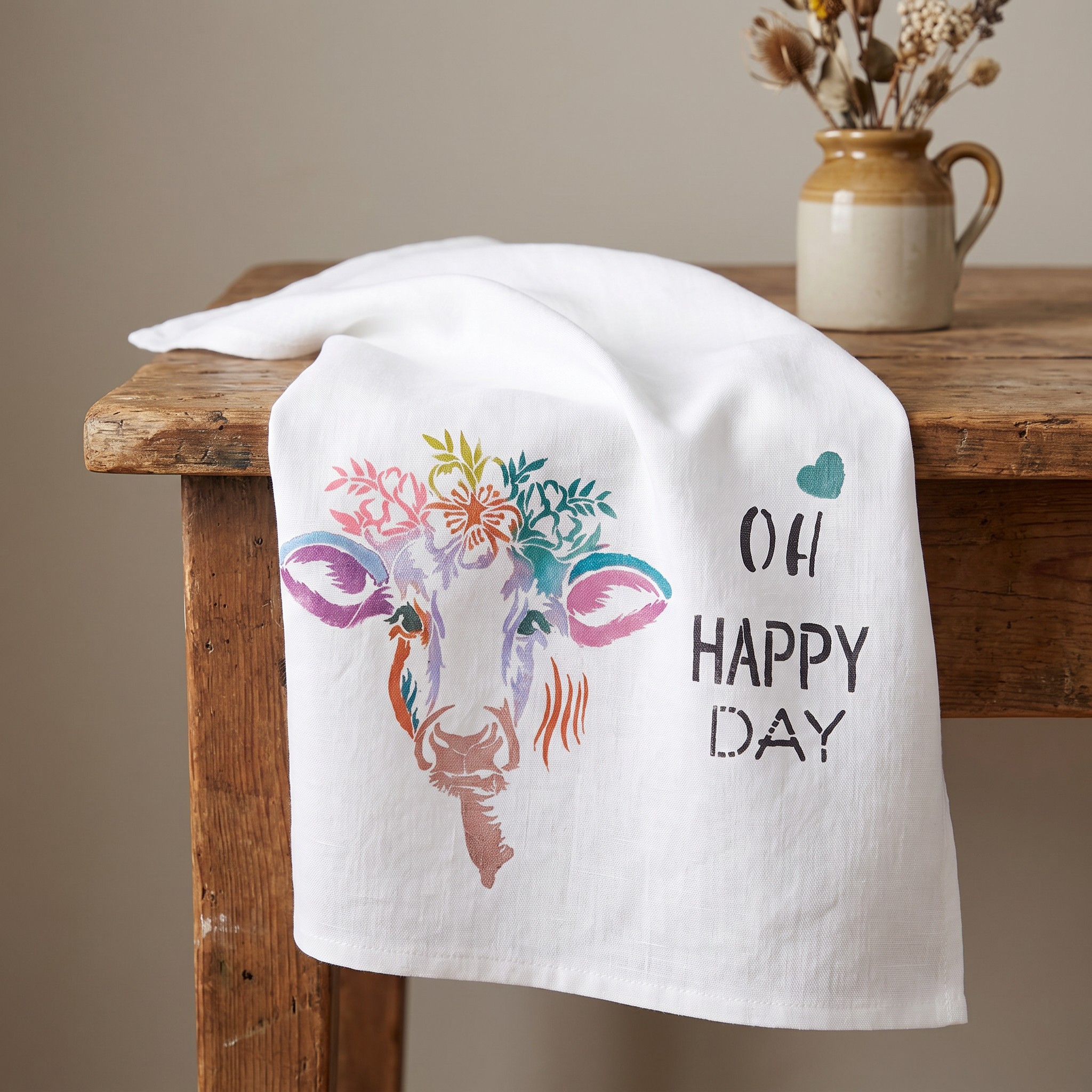 Floral Cow Happy Day hand-painted flour sack towel