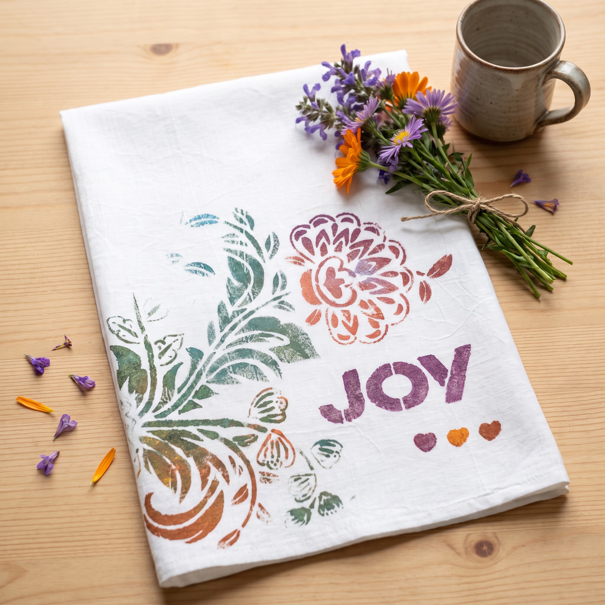 Floral Joy in Every Season hand-painted flour sack towel
