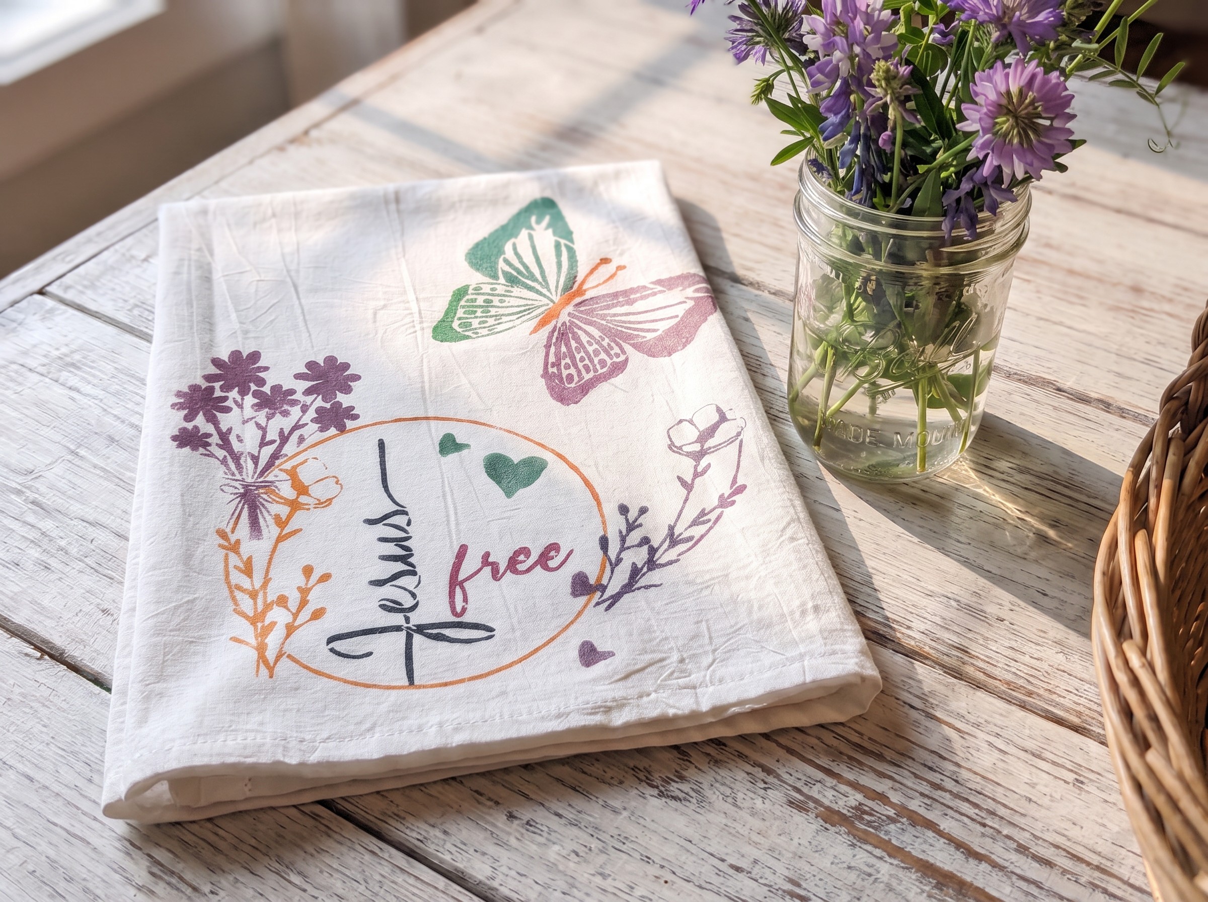 Free to Bloom hand-painted flour sack towel