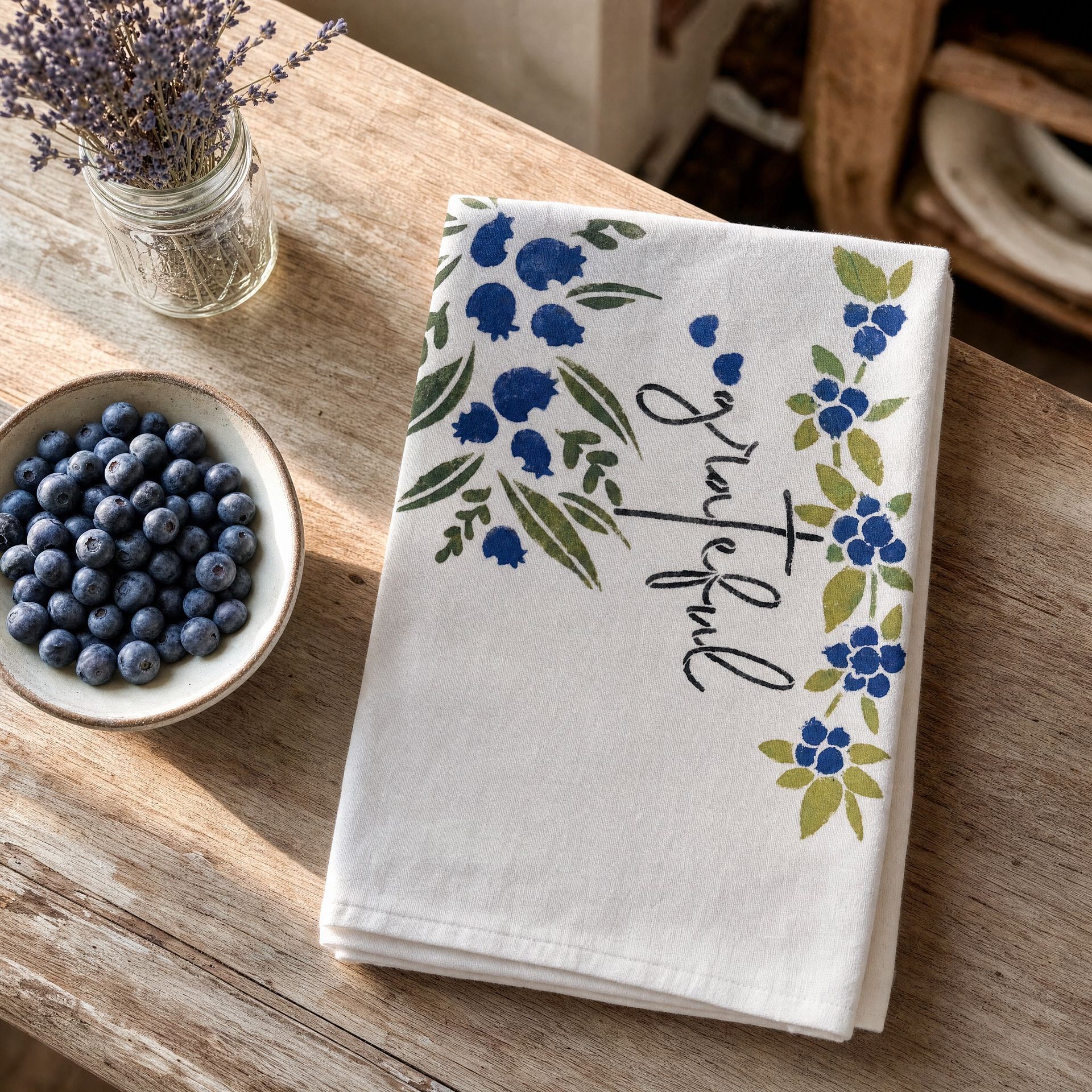 Fruit of the Spirit Blueberries hand-painted flour sack towel