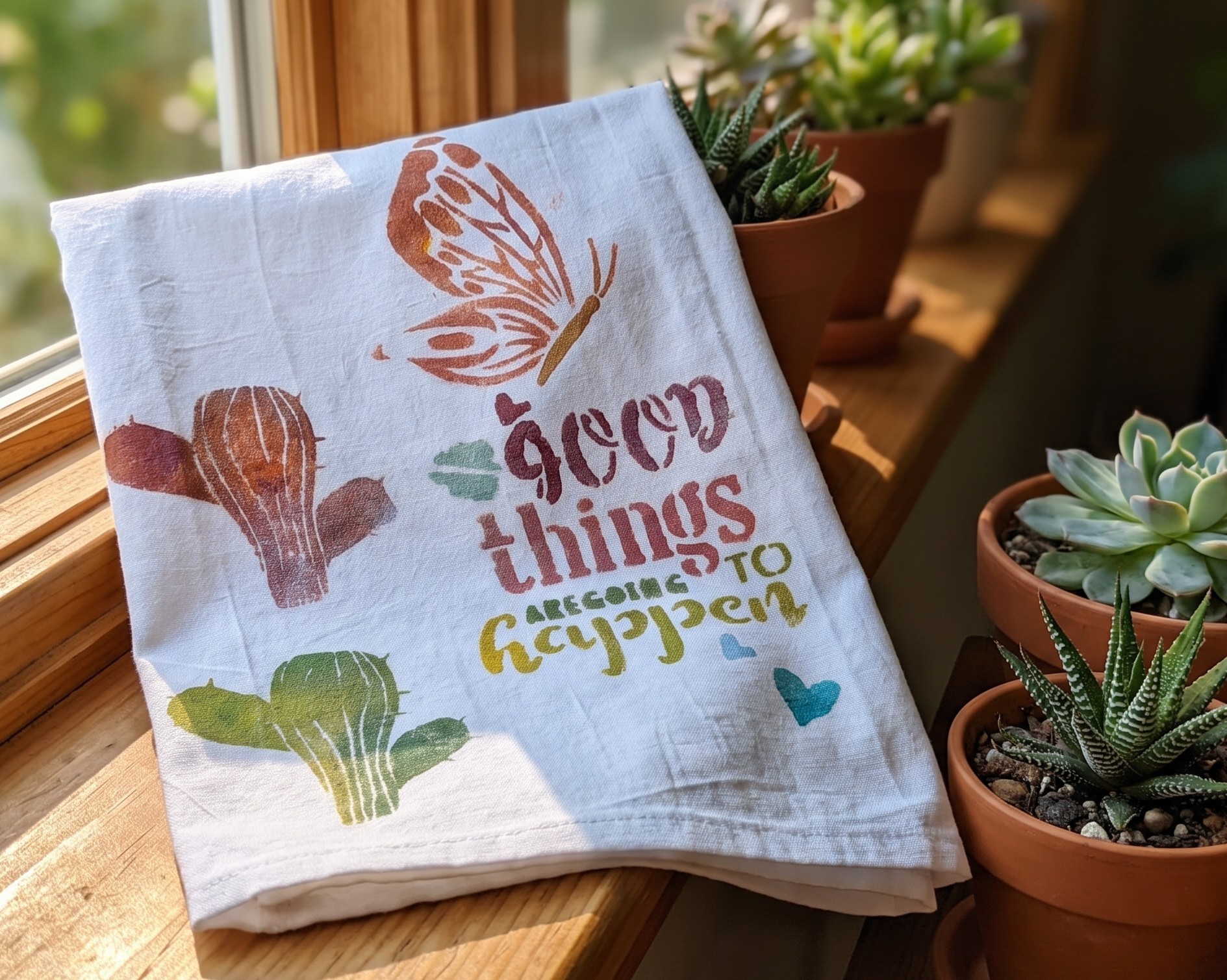 Good Things Are Going To Happen hand-painted flour sack towel