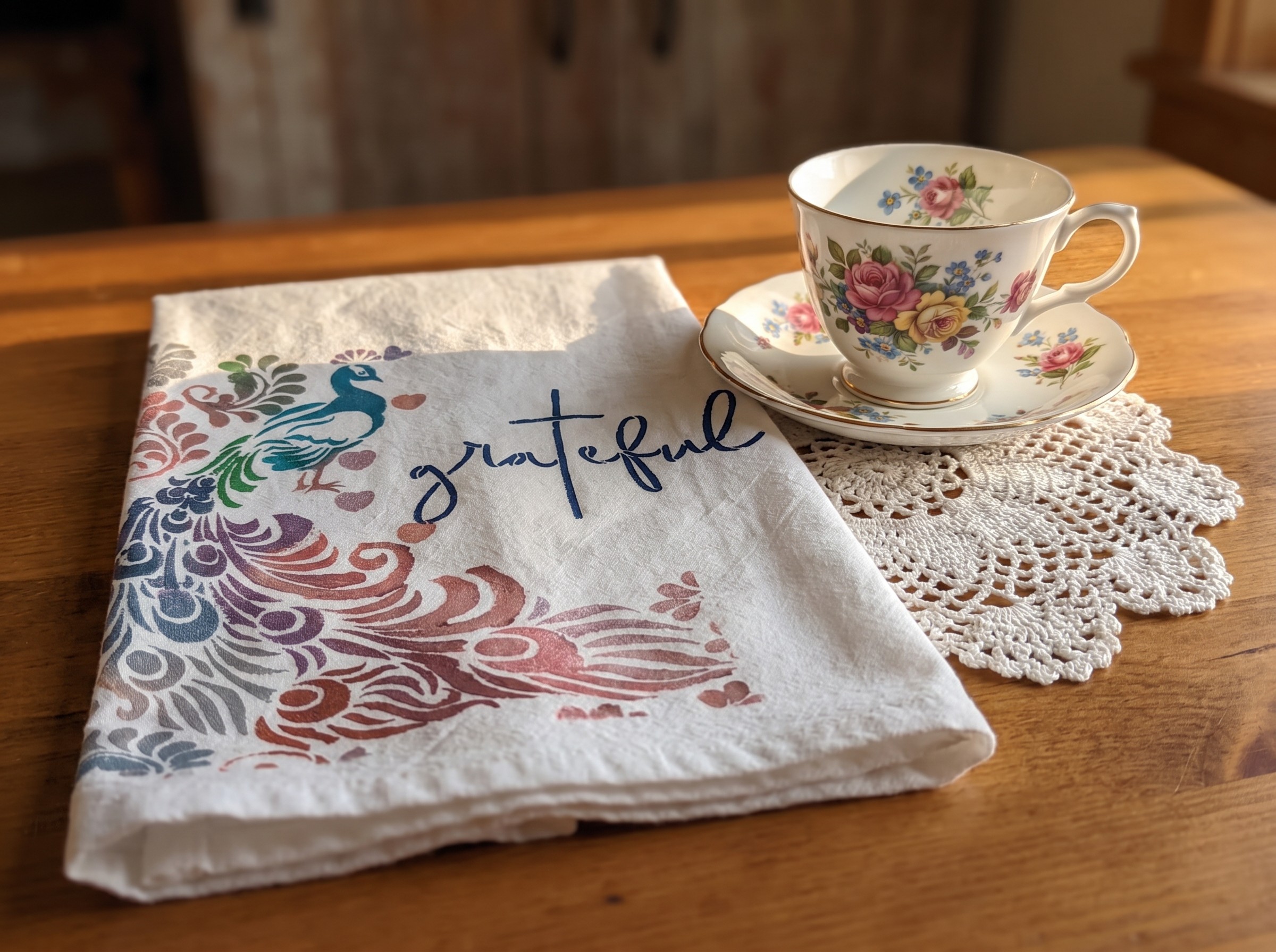 Grateful Peacock hand-painted flour sack towel