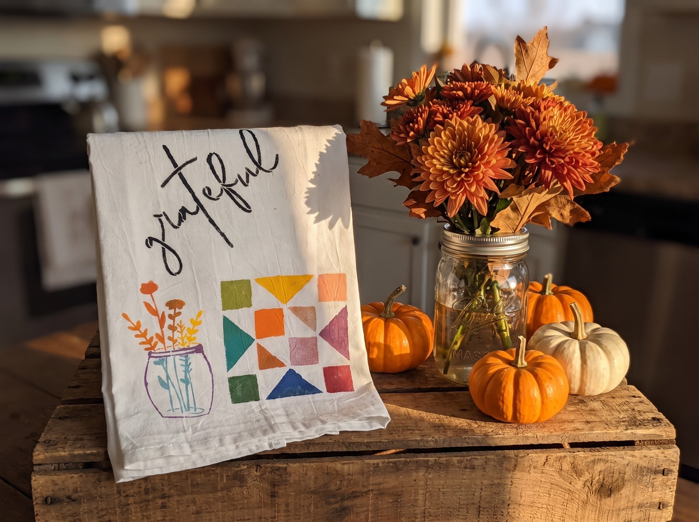 Joyful Renewal hand-painted flour sack towel