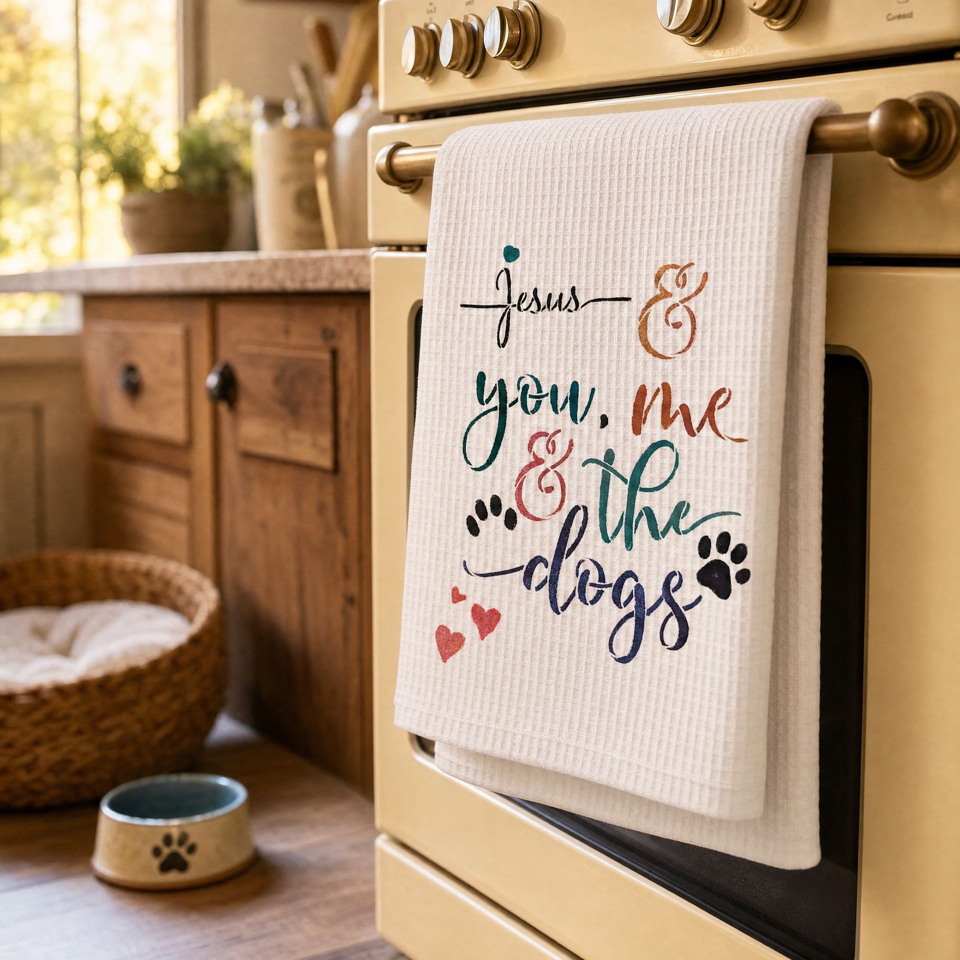 Jesus, You, Me & The Dogs hand-painted flour sack towel