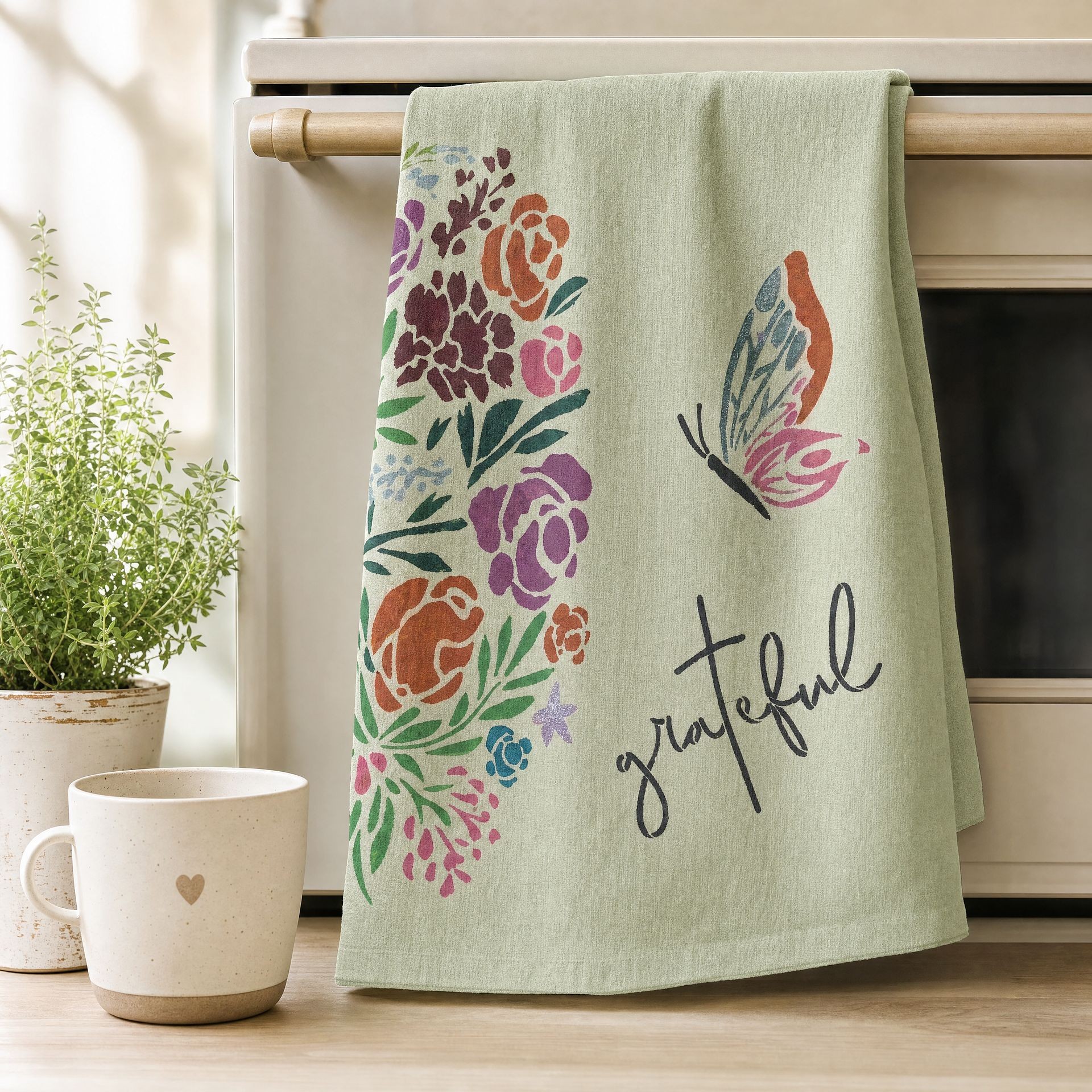 Joyful Garden Butterfly hand-painted flour sack towel