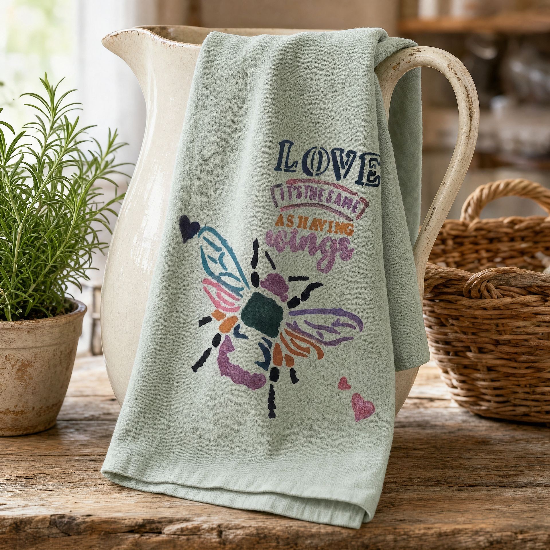Love With Wings hand-painted flour sack towel
