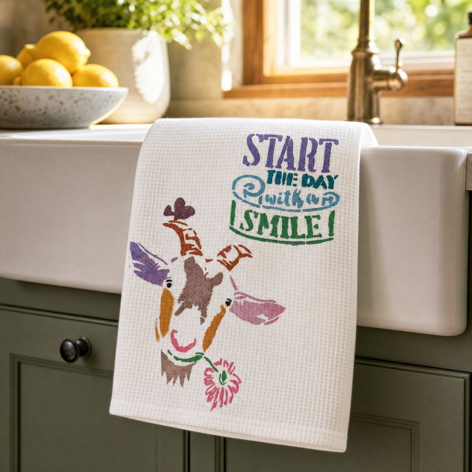 Start the Day With a Smile hand-painted flour sack towel