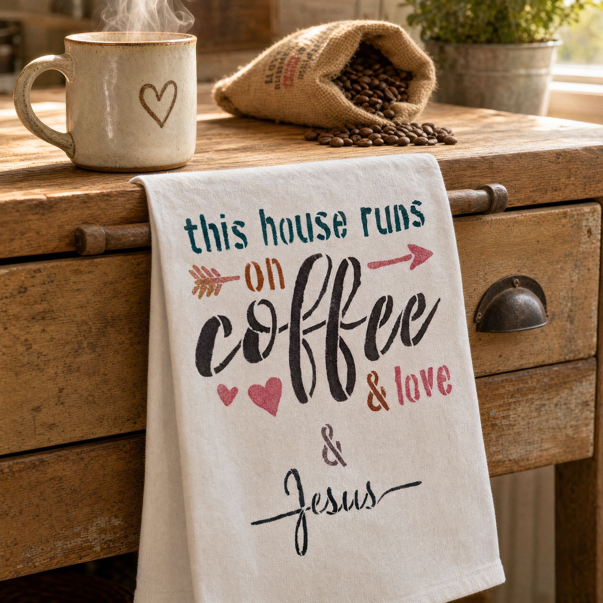 This House Runs on Coffee, Love & Jesus hand-painted flour sack towel