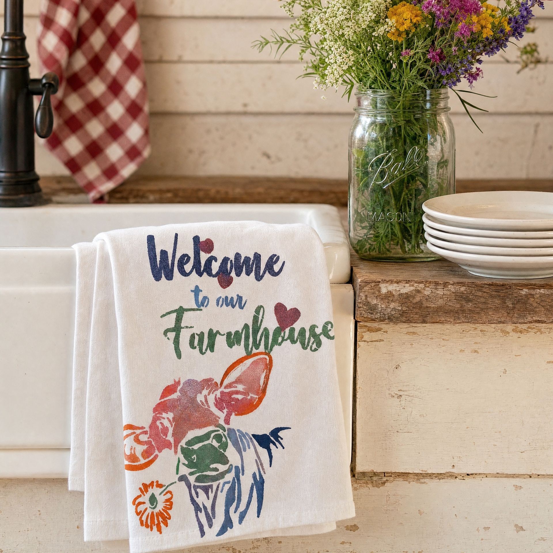 Welcome to Our Farmhouse hand-painted flour sack towel