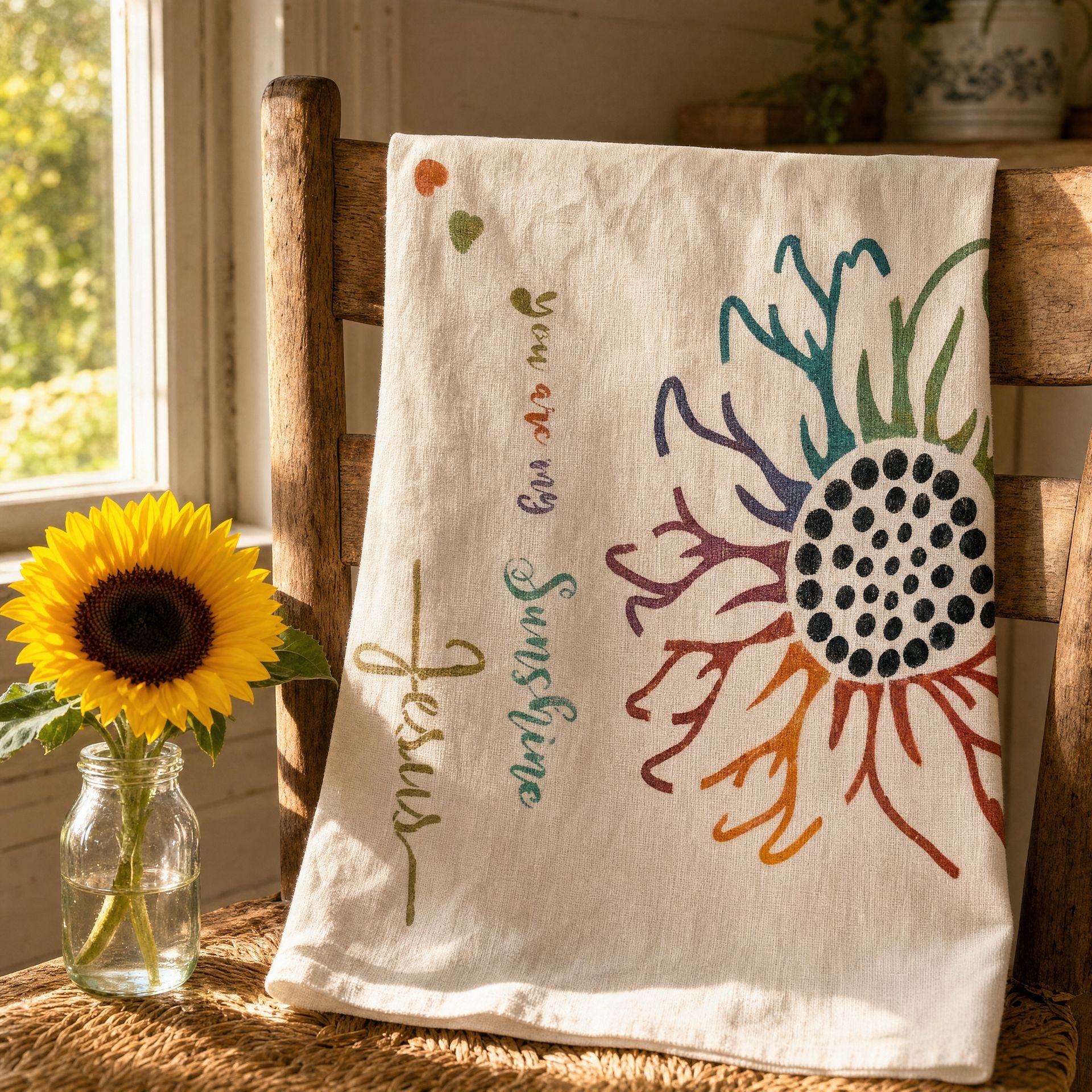 You Are My Sunshine hand-painted flour sack towel