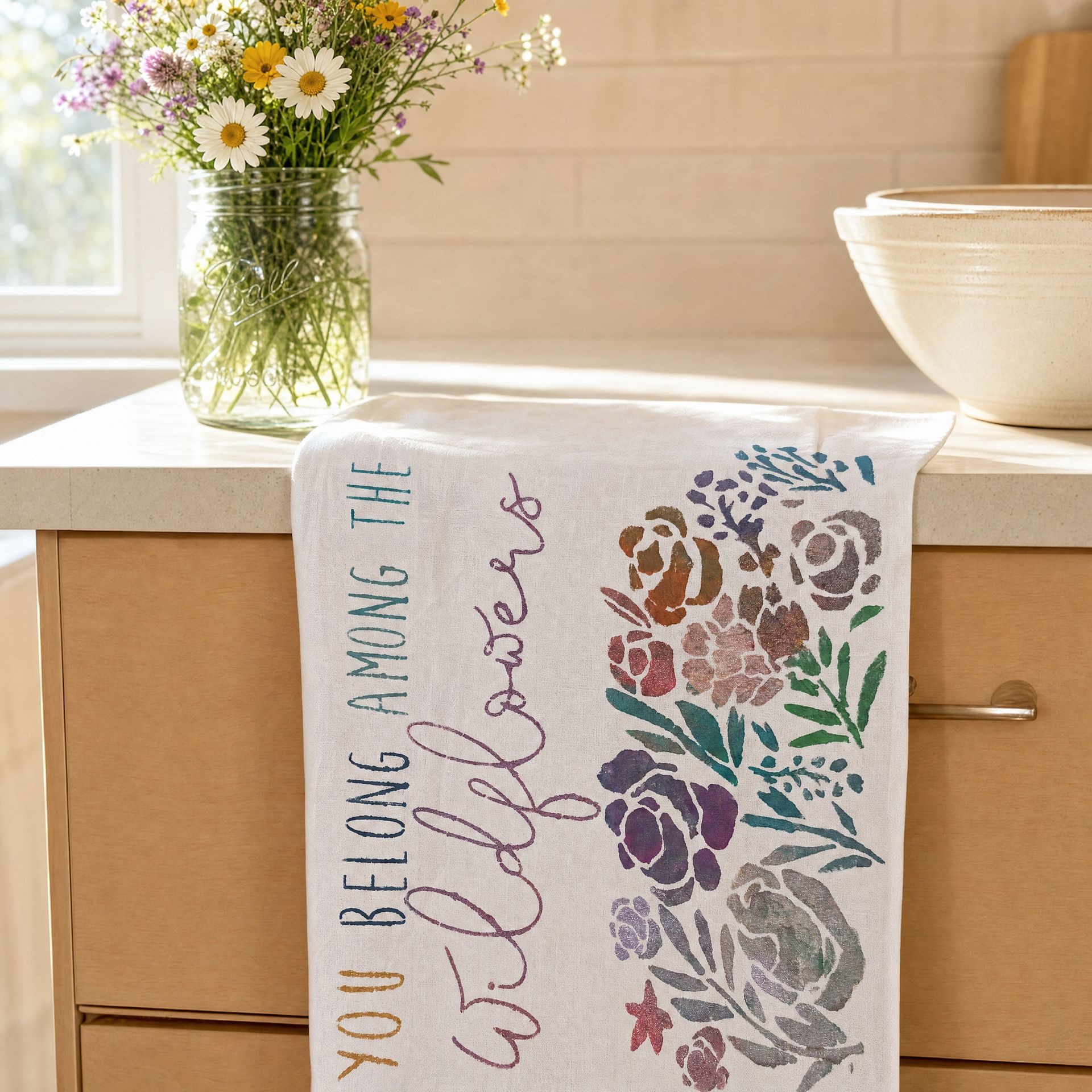 You Belong Among The Wildflowers hand-painted flour sack towel