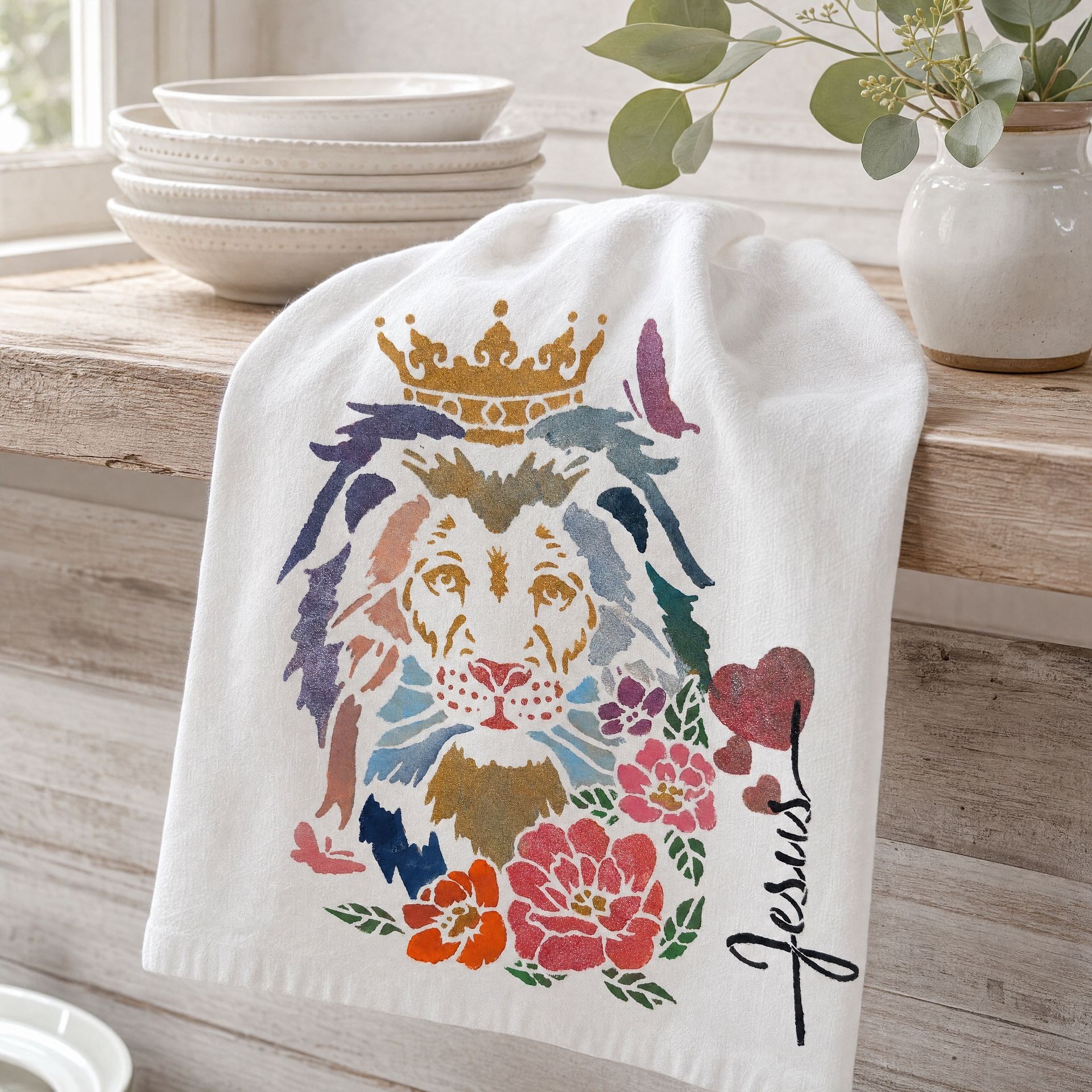 Lion of Judah hand-painted flour sack towel
