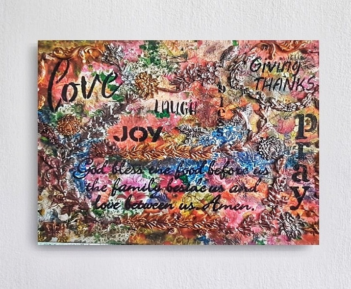 Bless This Family Gathered in Love original mixed-media artwork, view 4