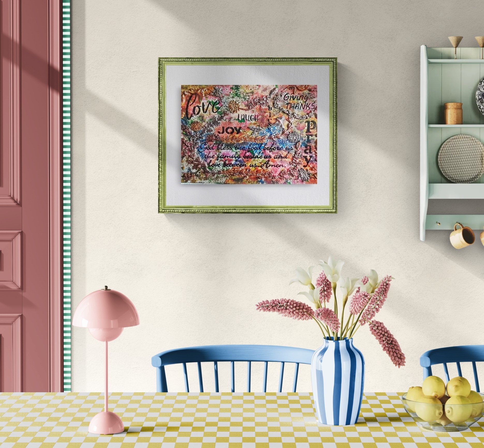 Bless This Family Gathered in Love original mixed-media artwork, view 2