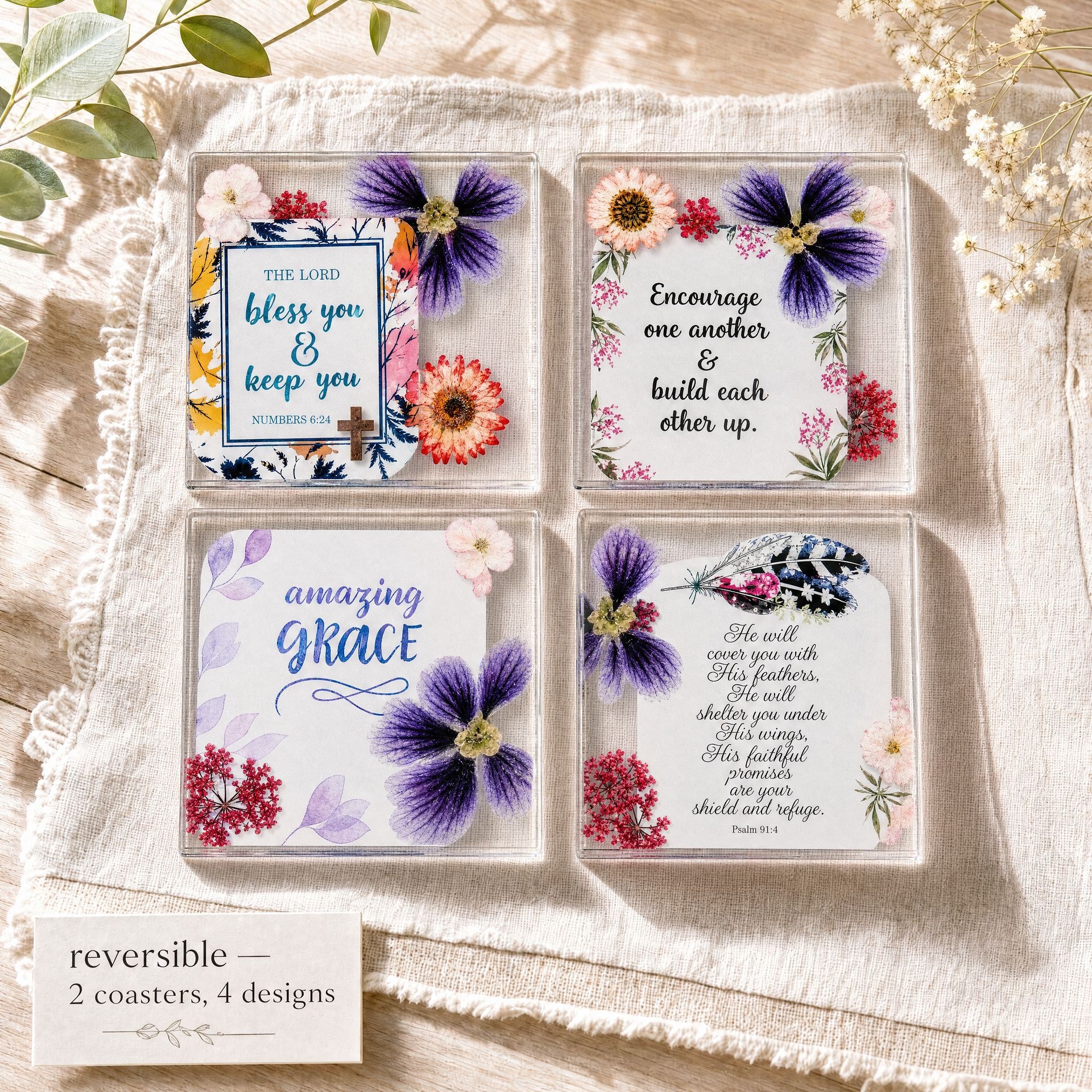 Purple Floral Encouragement Coaster Set handmade resin coaster set