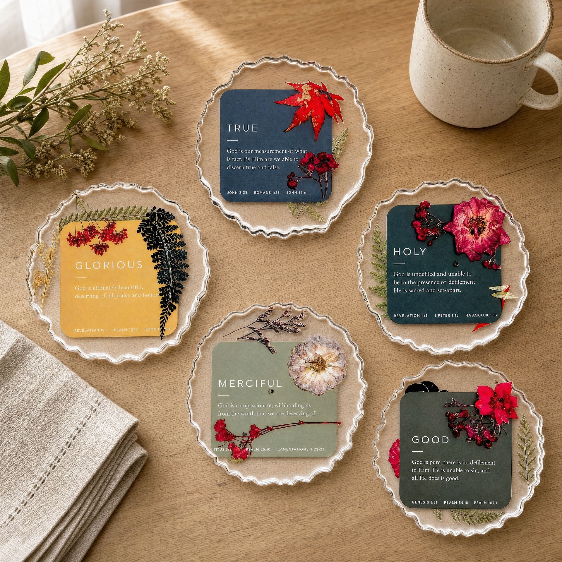 Reversible Scripture Coaster Set, reverse side of the handmade coaster designs