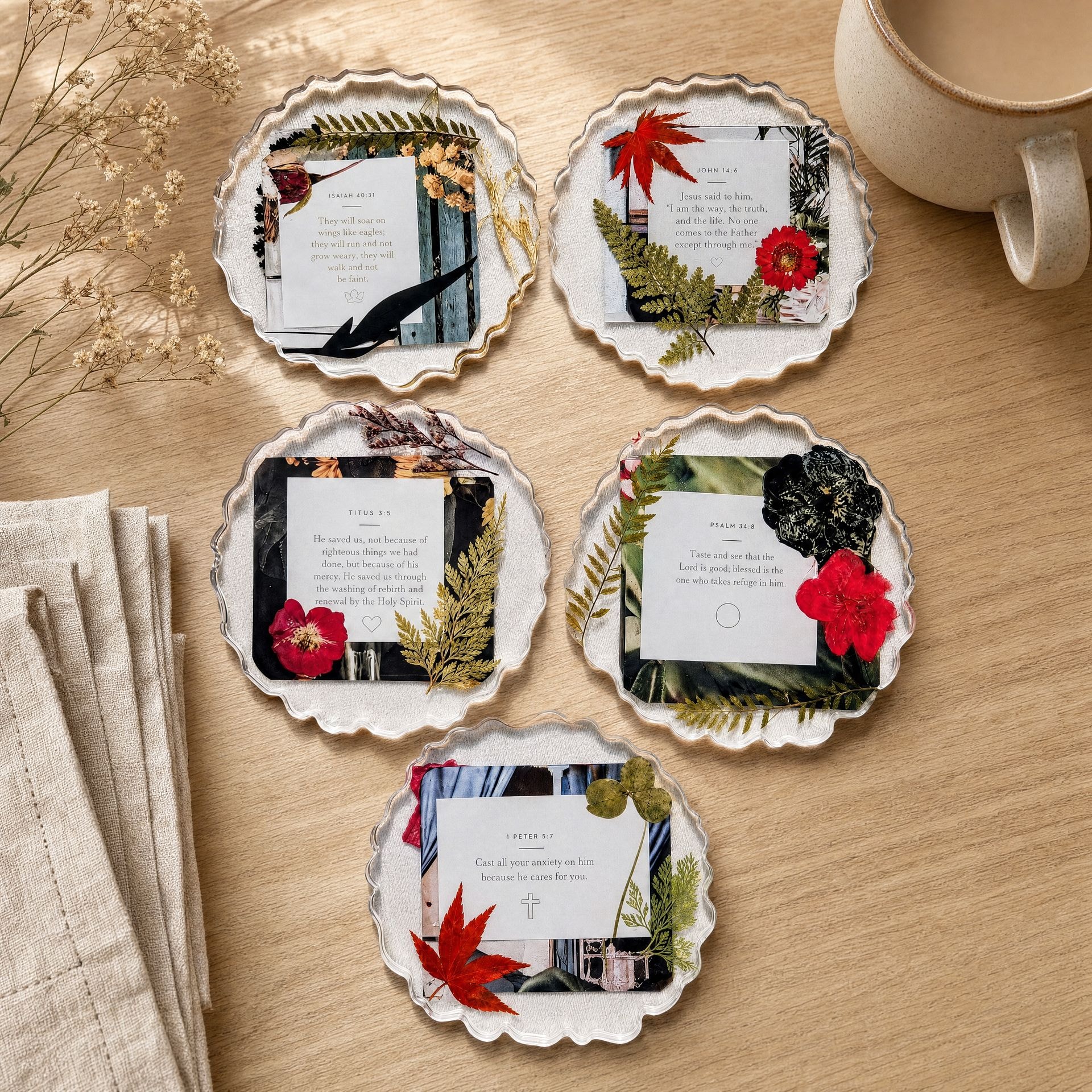 Handmade reversible scripture resin coasters with pressed botanical details