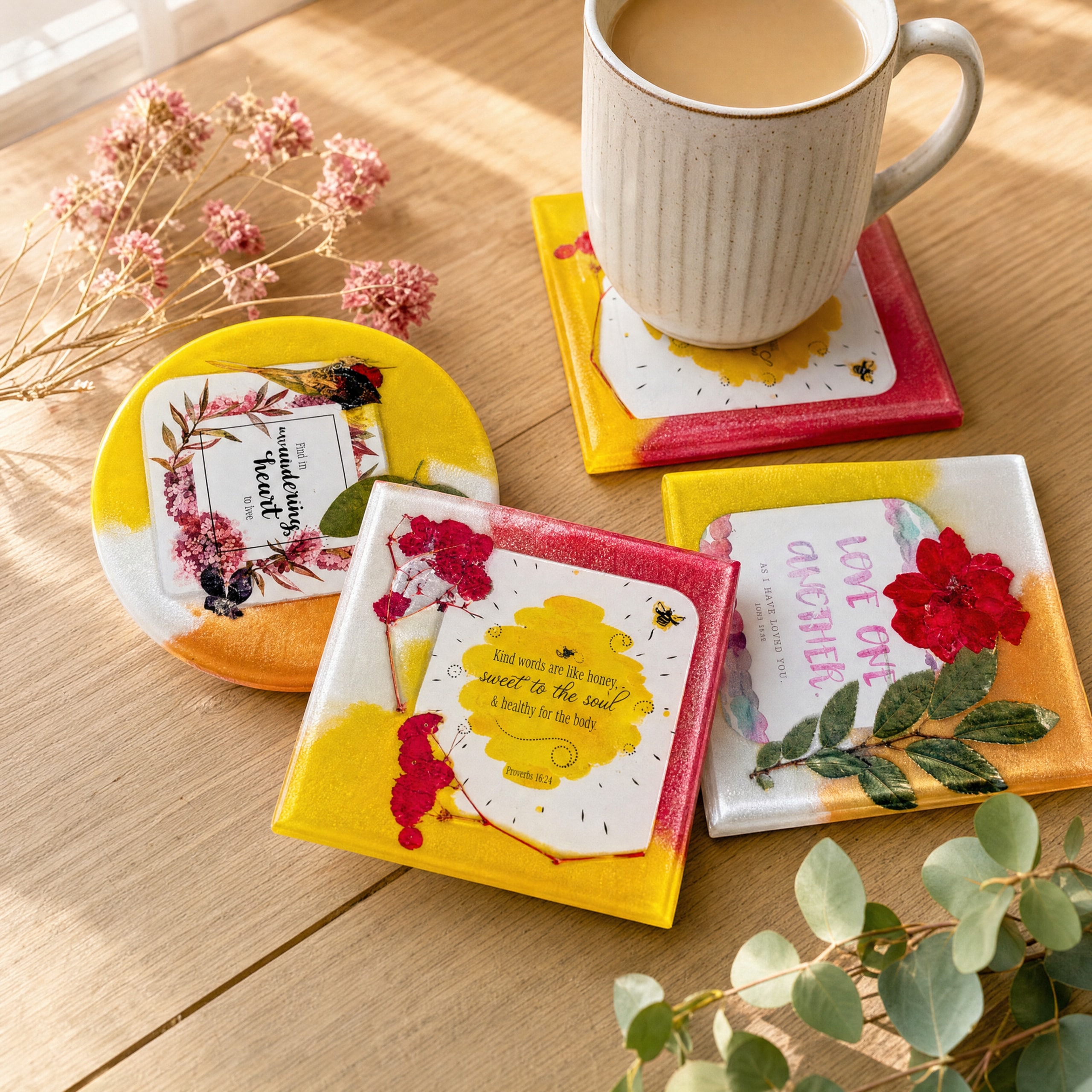 Sunshine Encouragement Coaster Set handmade resin coaster set