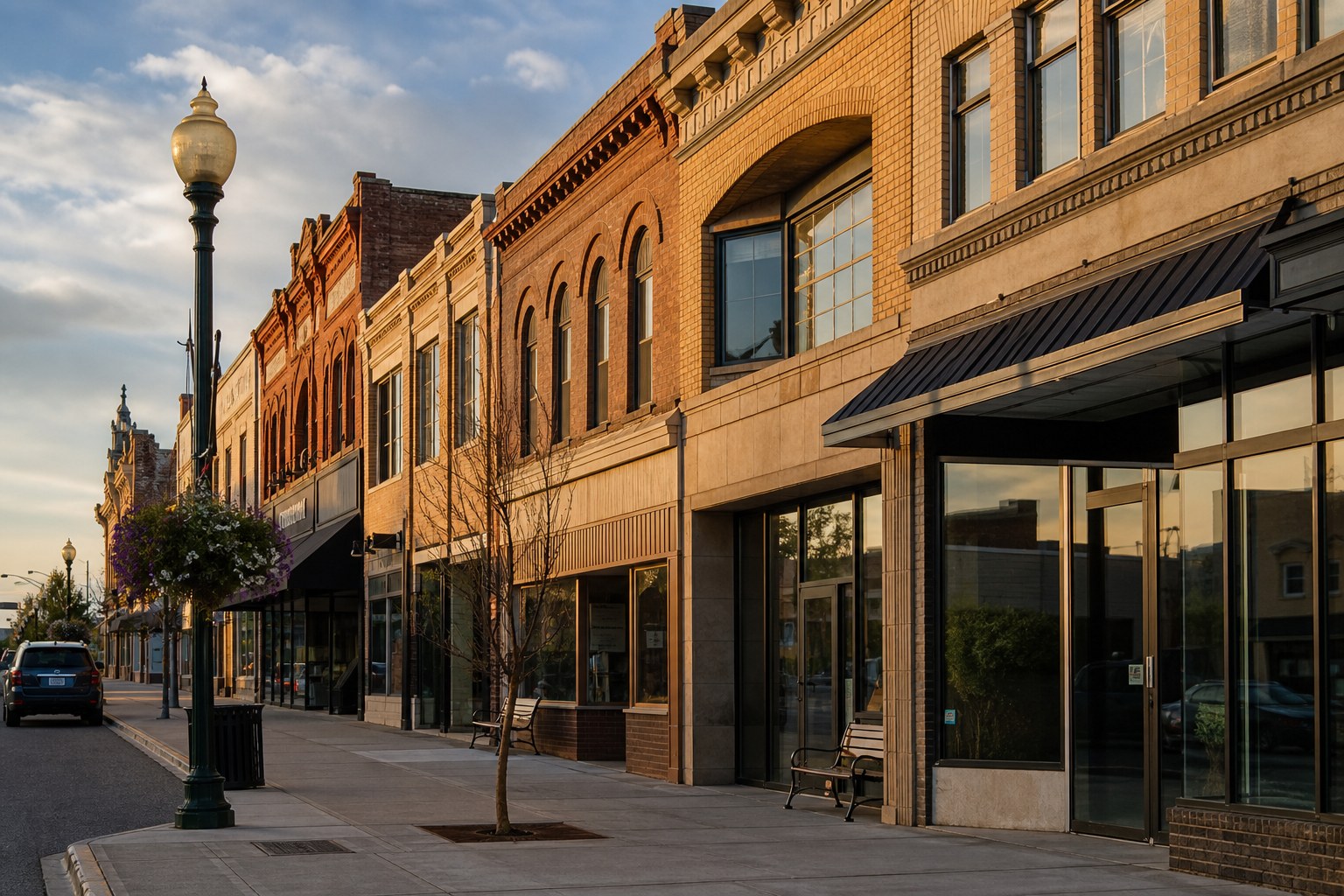 Quiet Montana main street with local storefronts