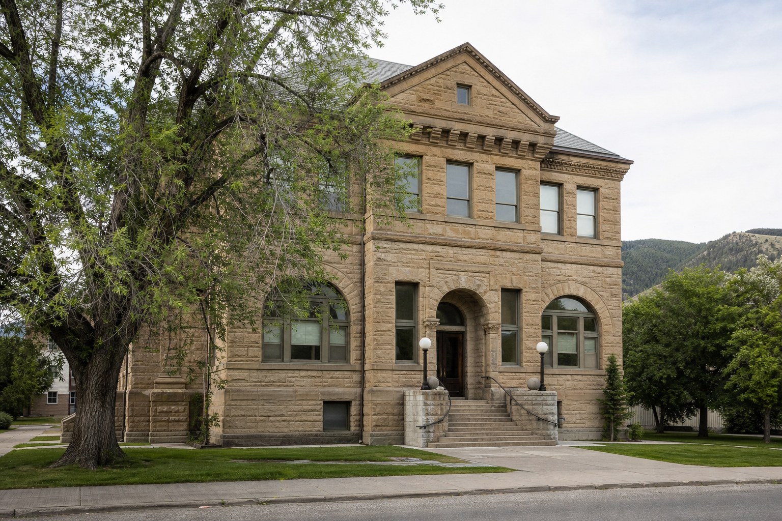 Historic stone courthouse in a Montana town