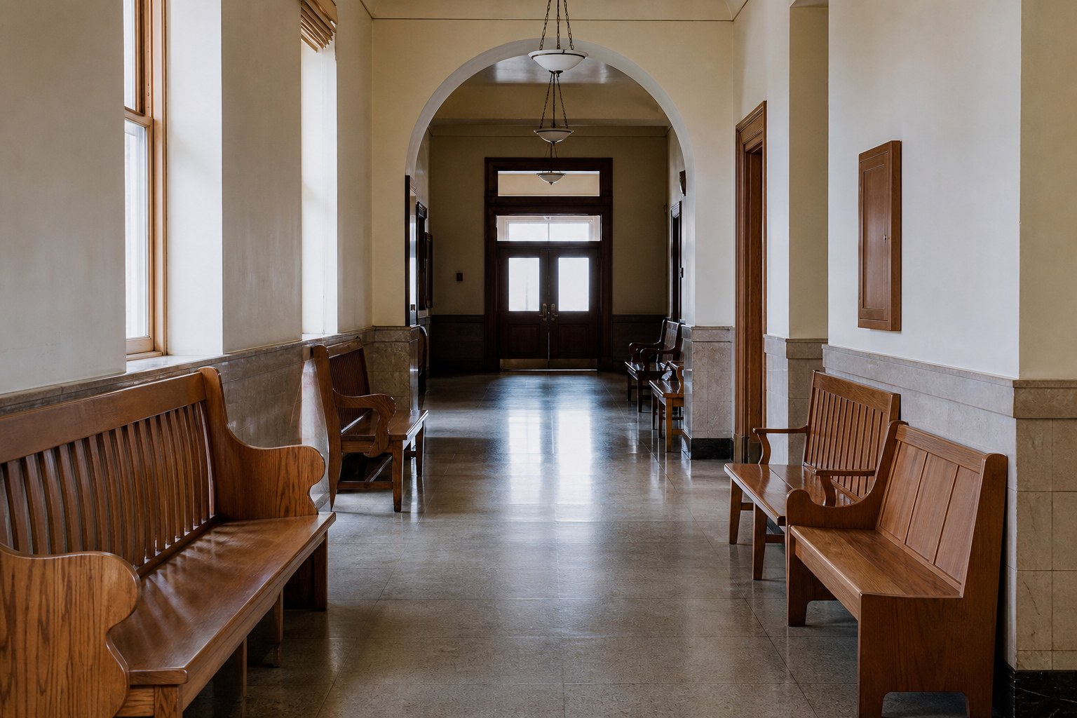 Quiet courthouse hallway with wood benches