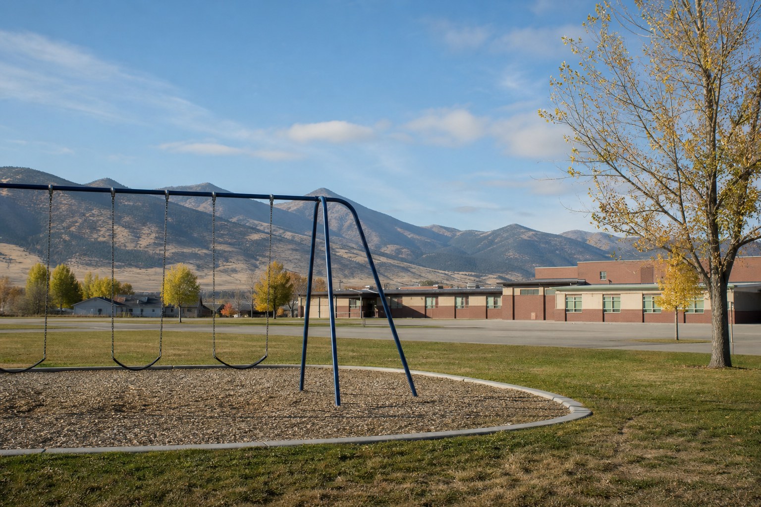 Empty Montana school playground with foothills in the distance