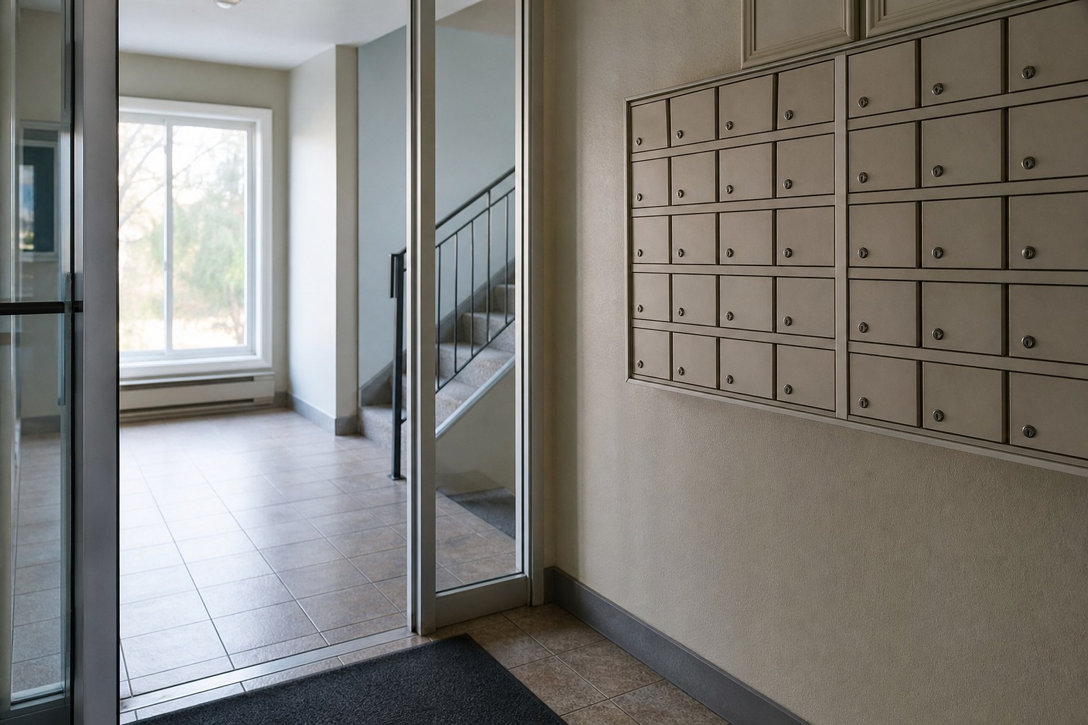 Shared apartment entryway with mailboxes