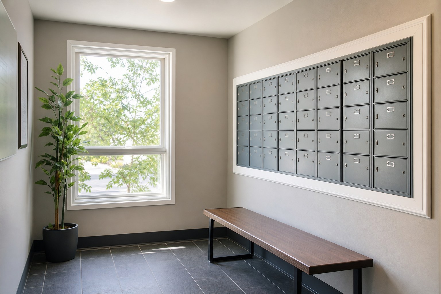 Shared apartment mailroom with mailboxes and a bench