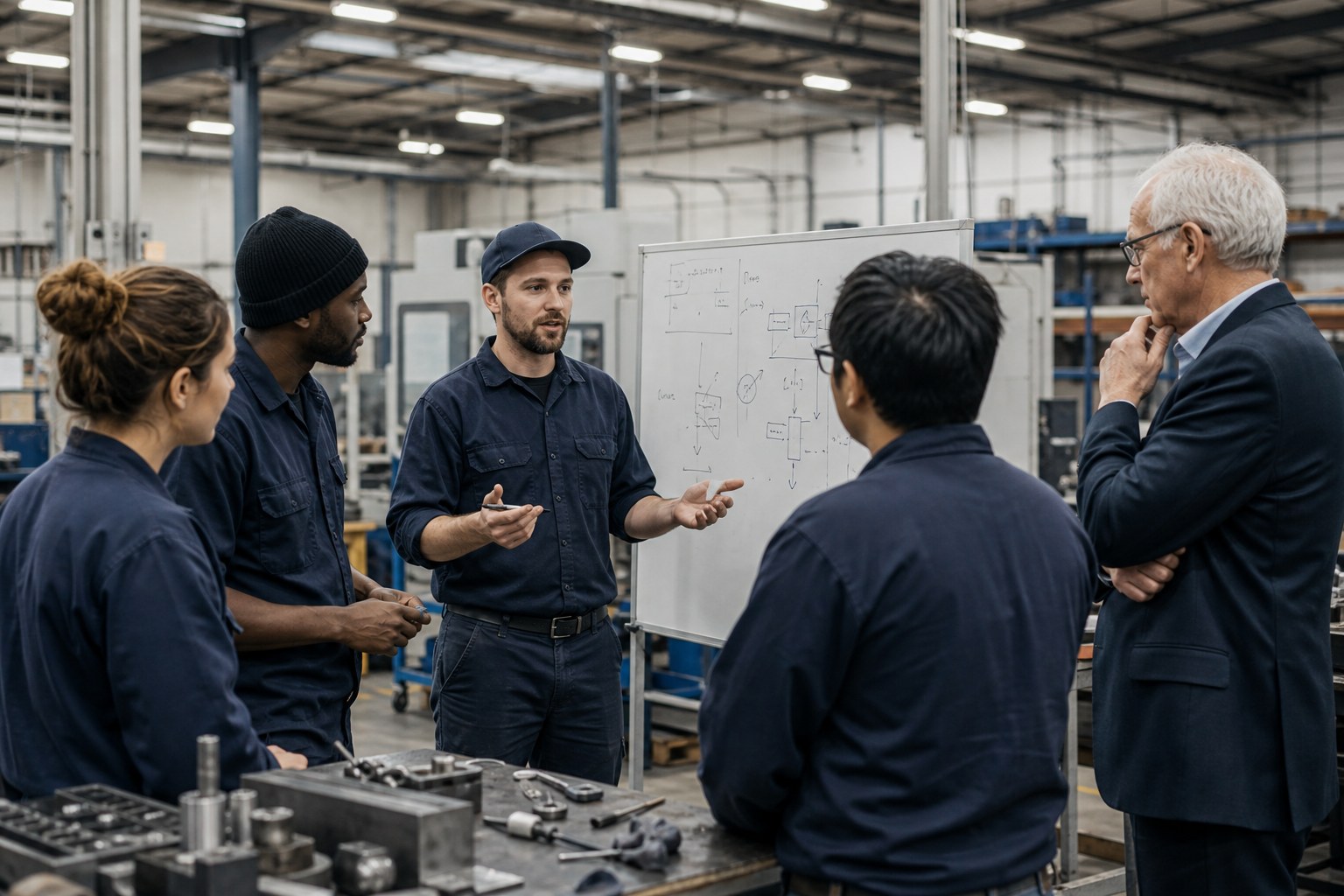 Manufacturing leadership team discussing production responsibilities on the shop floor