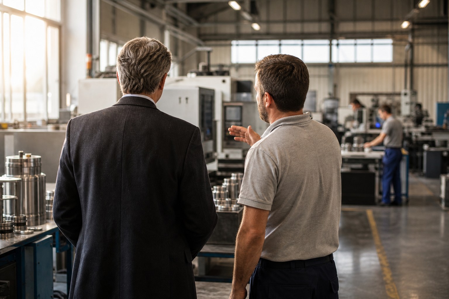 Manufacturing owner and operations leader walking through a precision production facility