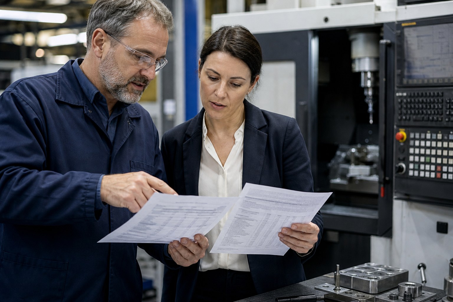 Manufacturing leaders reviewing operational records beside a precision machine